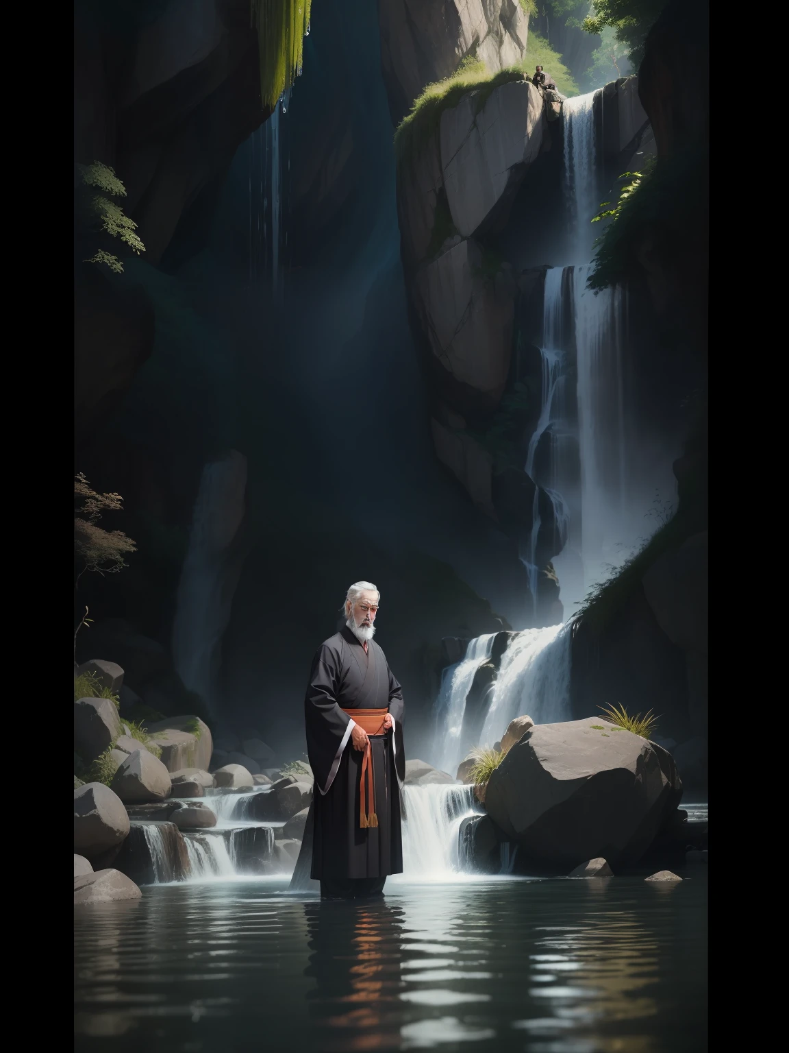 A Taoist priest, Wearing black Hanfu, 65 yeas old, gray hair and beard, standing in water, had his hands folded, Next to it is a barrier formed by water, The background is a waterfall, Ultra-wide angle, Masterpiece, Anatomically correct, Super detail