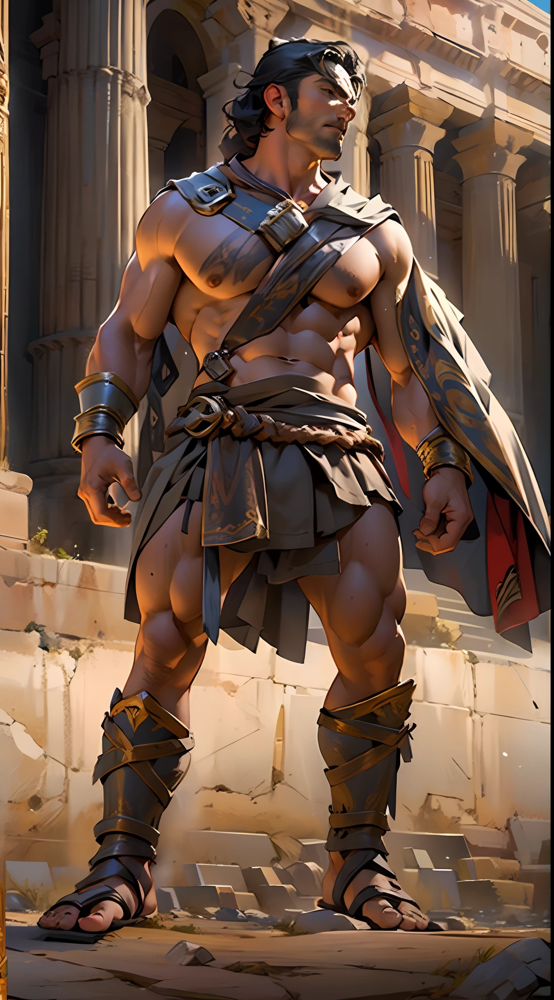 Herculean gladiator, bare chest, lower body revealed from thighs to feet, long curls cascading, meticulous muscle definition, photorealistic portrayal, 4K quality. Background: Colosseum in ancient Rome,32k uhd, best quality, masterpiece, super detail, high details