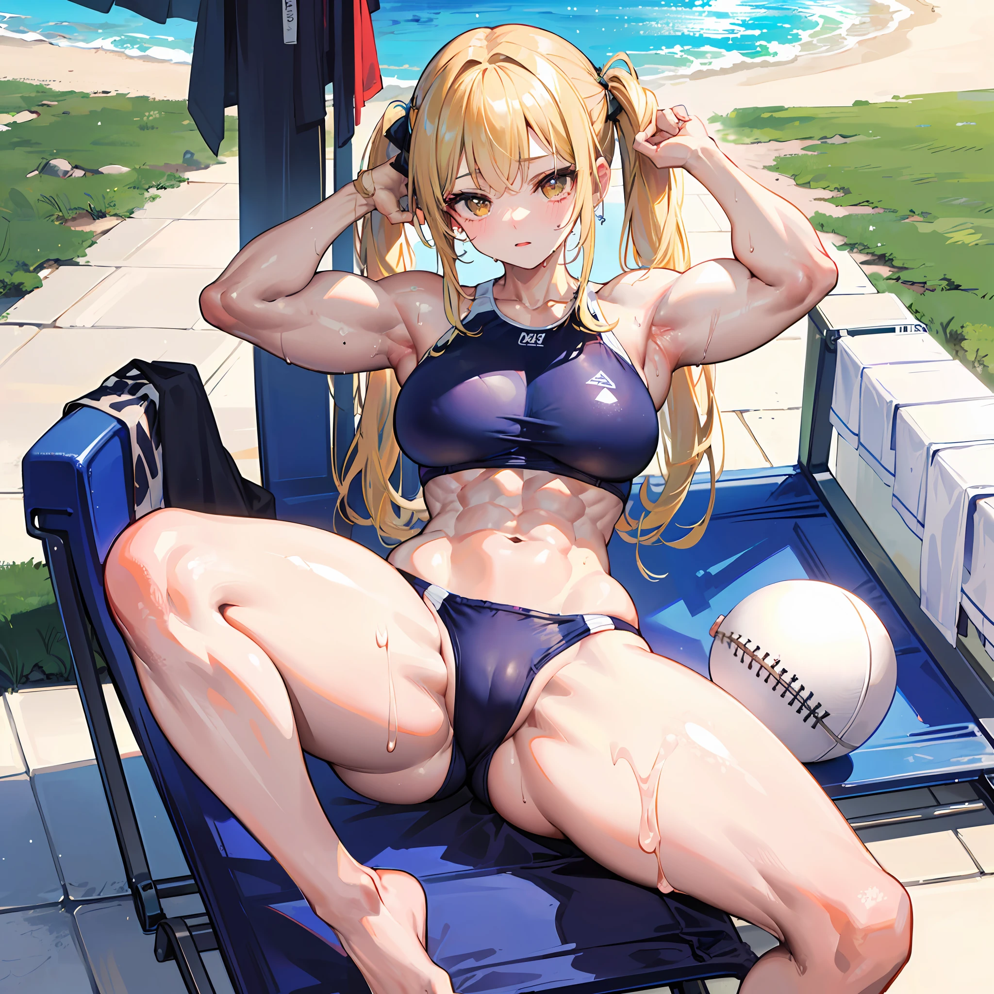 ((​masterpiece))、((Top image quality))、((top-quality))、(((Illustration of one woman)))、(((muscle woman)))、full body Esbian、((30-years old))、((neuter))、((Blonde twintails))、Light golden eyes、((Long body))、(((perspiring)))、((Steam wafting all over the body))、((Body wet with sweat))、(((Muscular and strong body)))、((Split abs))、(((muscular and thick arms)))、(((muscular and thick thighs)))、((manspreading))、((Sports Swimwear))、Sitting on a deck chair、in poolside