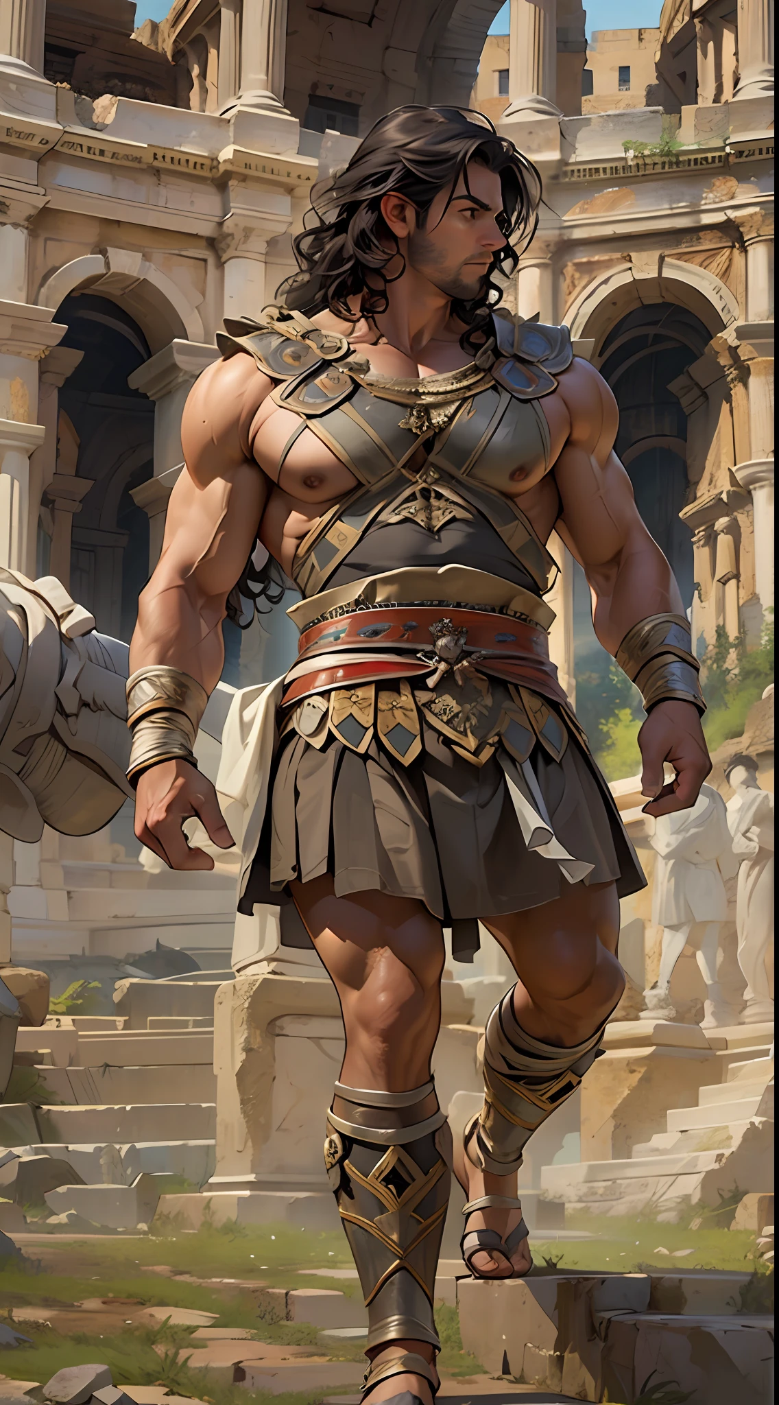 Herculean gladiator, bare chest, lower body revealed from thighs to feet, long curls cascading, meticulous muscle definition, photorealistic portrayal, 4K quality. Background: Colosseum in ancient Rome,32k uhd, best quality, masterpiece, super detail, high details