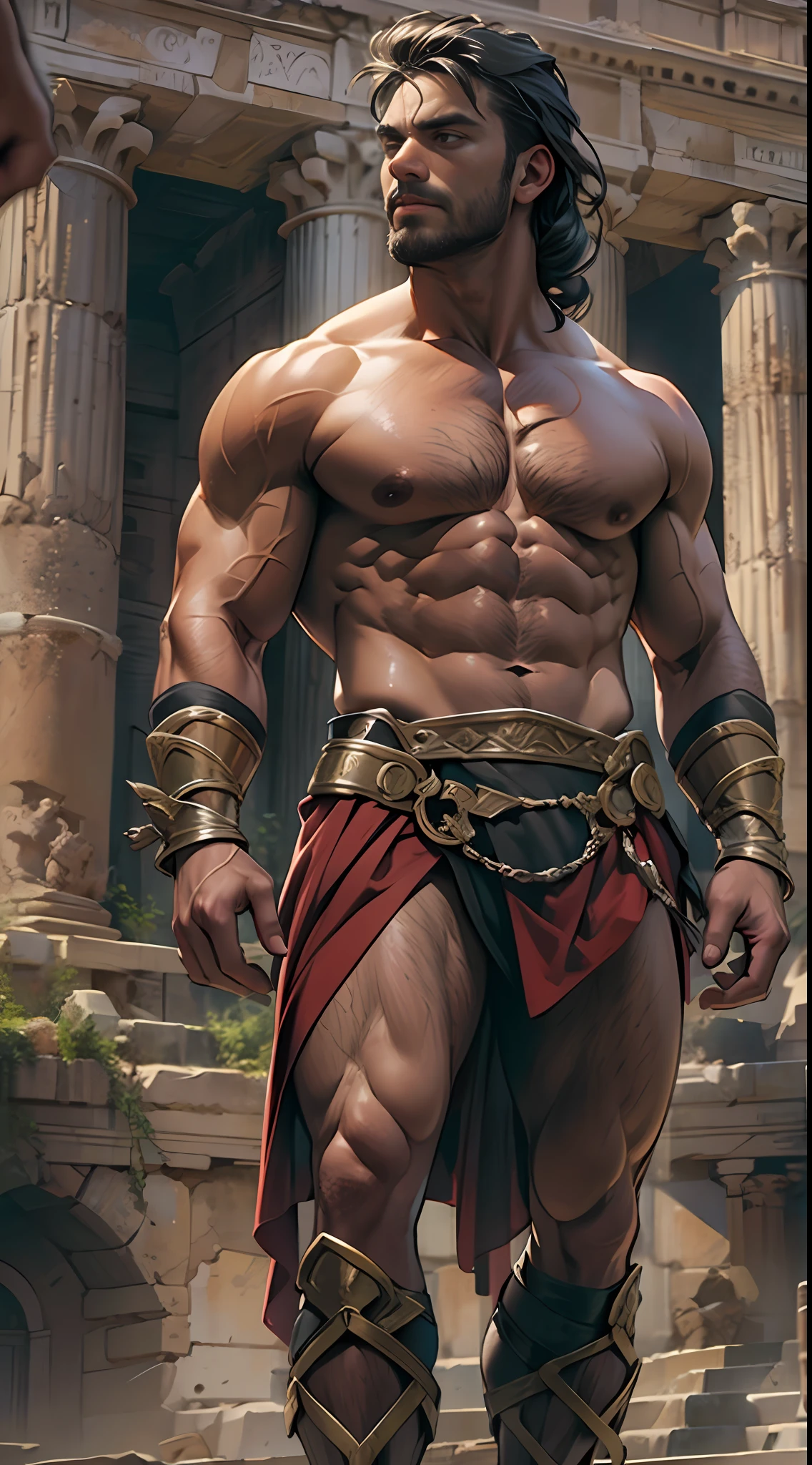 Herculean gladiator, bare chest, lower body revealed from thighs to feet, long curls cascading, meticulous muscle definition, photorealistic portrayal, 4K quality. Background: Colosseum in ancient Rome,32k uhd, best quality, masterpiece, super detail, high details