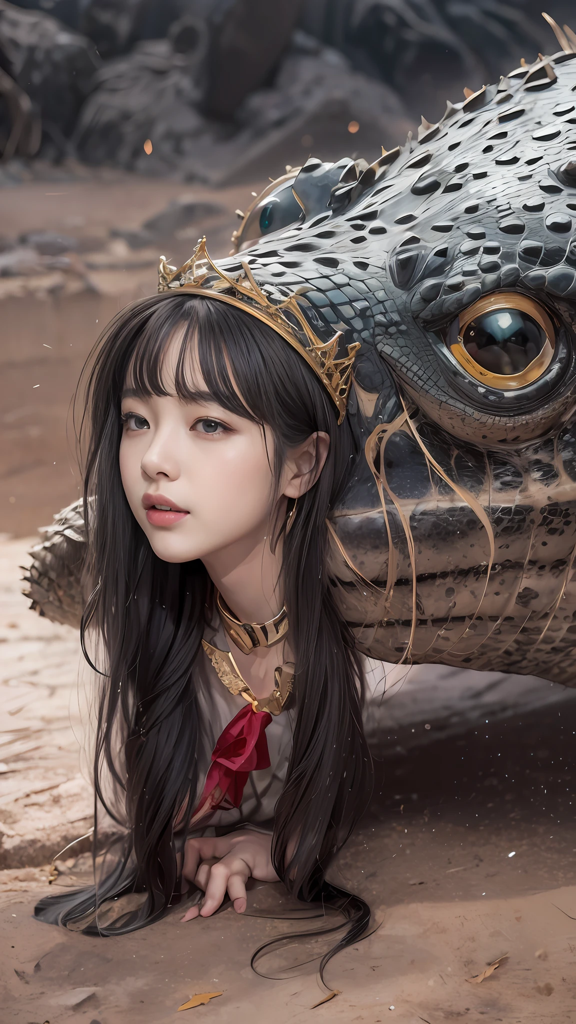 wet lands，（tmasterpiece，k hd，hyper HD，16k）brunette color hair，15 year old girl，Multi-layer gauze skirt，Hollow gold thread crown jade setting，Rouge lips，Cherry mouth，Focus on the neckline，Soft hair like slippery silk，Sparkling，Almost reluctant to look away，She wears a suspender cheongsam！Imagine that，She just wore a cheongsam to the bustling big castle，One can't help but want to take a closer look，Take a closer look, desi，Her belly pocket is quite stylish，The skirt flutters in the wind，It's like adding a touch of energy to the whole street，Crocodile skin train，A sneak peek angle，（From the angle below），Sit in the seat of the monitor lizard，sitting in front，Zoom camera，head portrait，Head down and sleepy-eyed，Look at the ground， best qualtiy， hyper HD， （realisticlying：1.4），， A high resolution， the detail， RAW photogr， Sharp Re， Nikon D850 Film Stock Photo by Jefferies Lee 4 Kodak Portra 400 Camera F1.6 shots, Rich colors, ultra-realistic vivid textures, Dramatic lighting, Unreal Engine Art Station Trend, cinestir 800，