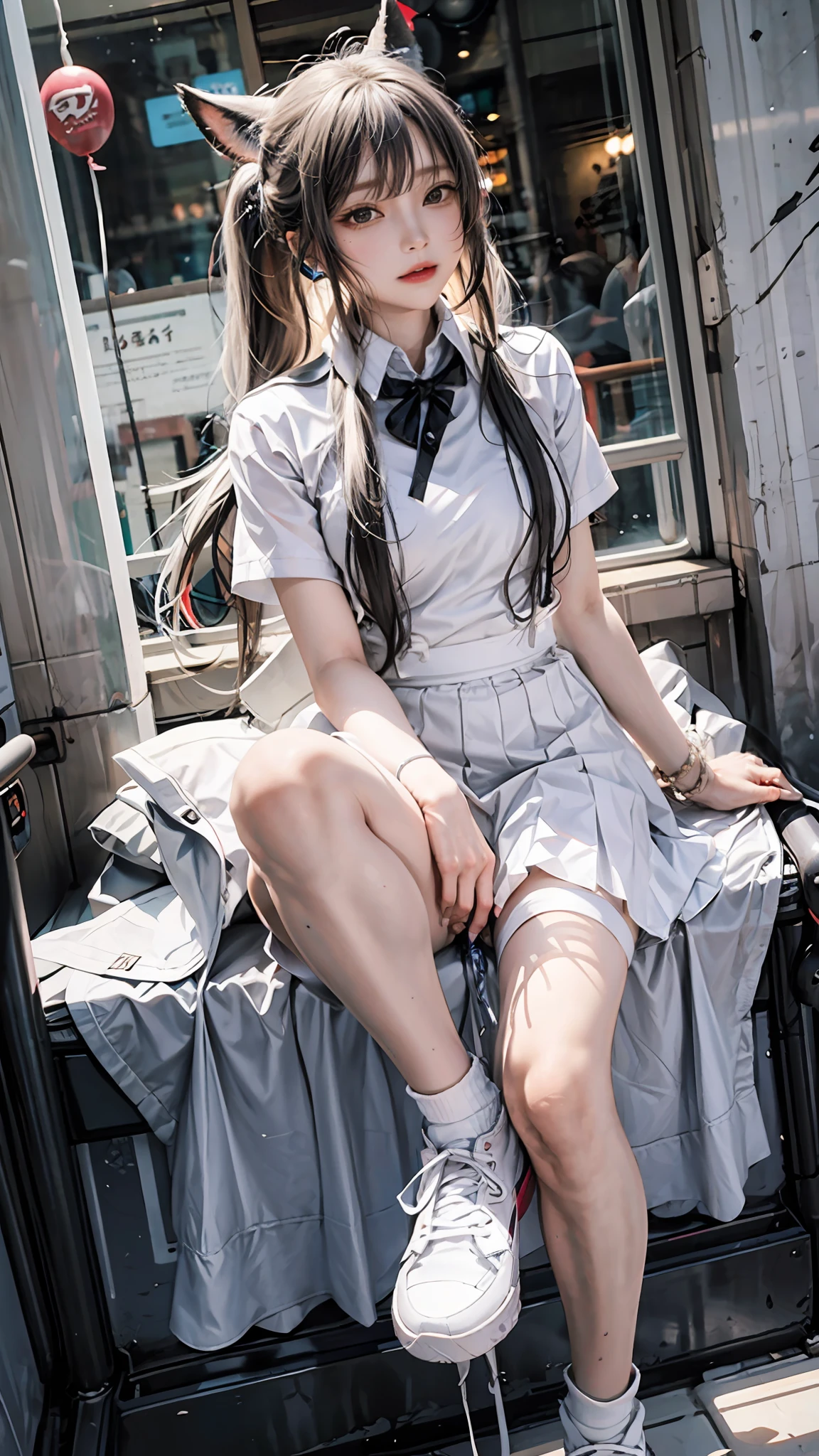 （Realiy：1.3），22 year old girl in front of the wooden house，（（small heads））、full bodyesbian，Solo、ssmile，view the viewer,（perfect bodies：1.3）、Long white double ponytail hair、Collar、chain、sweat leggs、22-year-old girl、White JK uniform，White Japan school uniform，（wearing white outfit：1.6），white  shirt，（JK uniform white short skirt）、Pink sneakers，Lots of colored balls，Look up at the lens from the ground，（Exposing the skin of the legs，Long Calves，long leges：1.3）Curved body，（Very detailed CG 8k wallpaper）、（Extremely delicate and beautiful），eyes with brightness、（tmasterpiece）、（best qualityer：1.0）、（超A high resolution：1.0)，Nice lighting，Reflective skin，[A high resolution]，The skin is delicate，Hyper-detailing（（a color）），Earphone，fox ear，fox tails，coloredballoons，