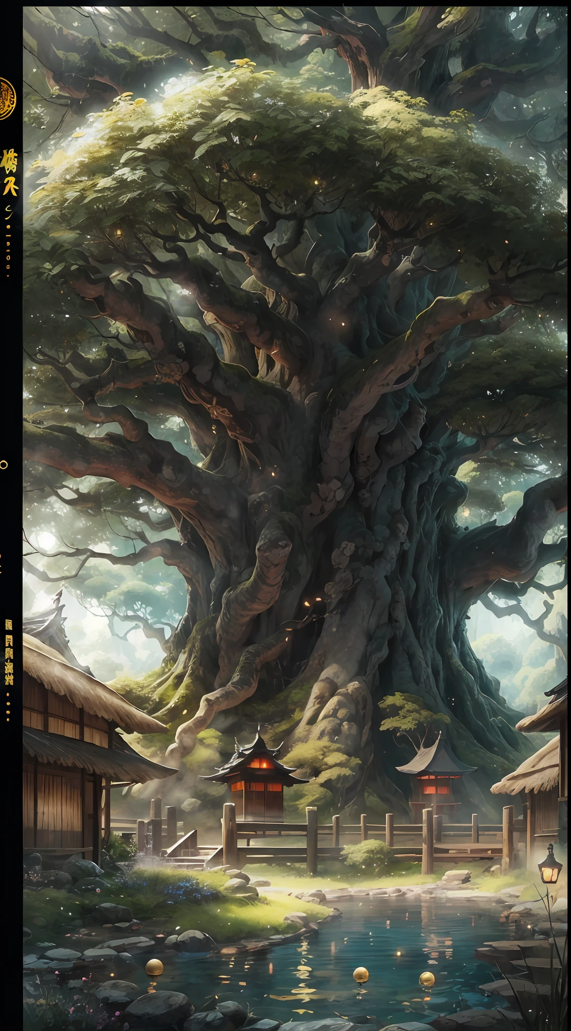 （tmasterpiece、best qualtiy）A huge ancient tree（（The body of the tree emits a golden light、Glowing balls））、illumination、thatched hut、springtime、jungles、lakes、grassy fields、Rochas、hot onsen、hydrosphere、surrounded by cloud，（illustratio：1.0）、Epic composition、Realistic lighting details、high definition detail、high definition resolution，（非常详细的 CG 统一 8k 壁纸）