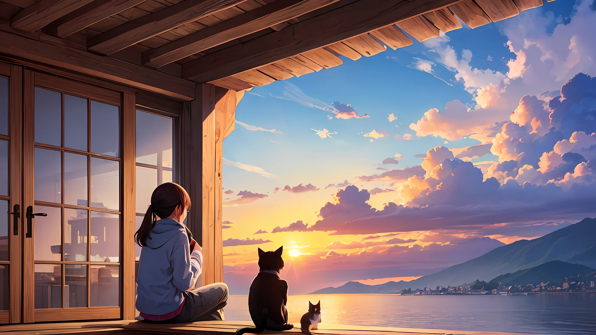 a person and a cat watching the sunrise together, warm, lovely, Miyazaki style, pleasant scenery, detailed picture, --auto --s2