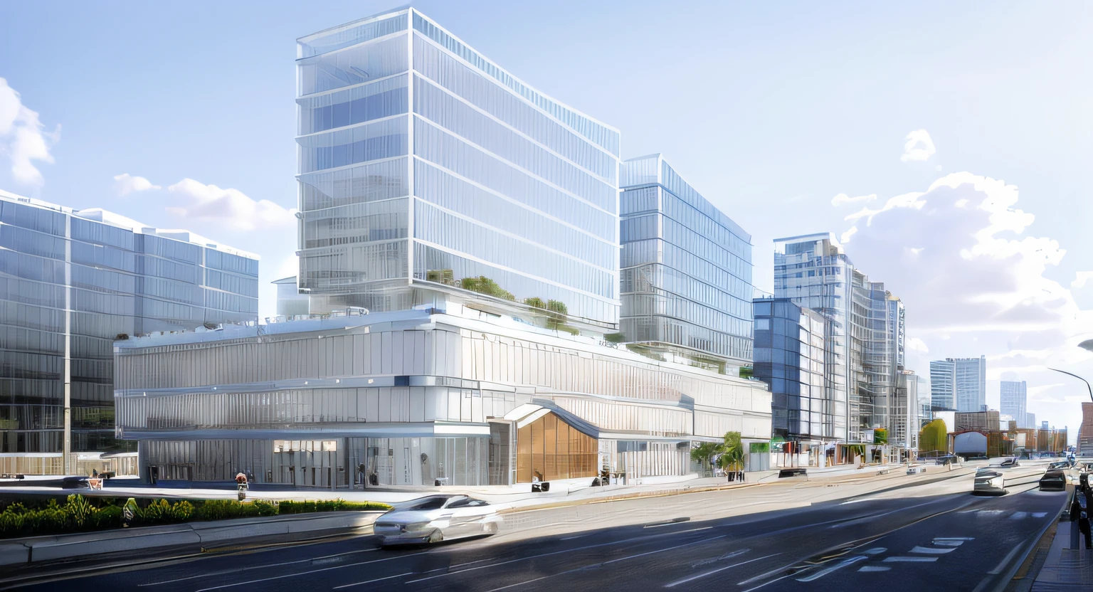 Buildings,Superior apartment,The city is busy,Dense traffic,with blue sky and white clouds,Street trees,Commercial along the street,hyper HD,high qulity,A high resolution,Urban crowds,the street,Clean glass,Regular façade