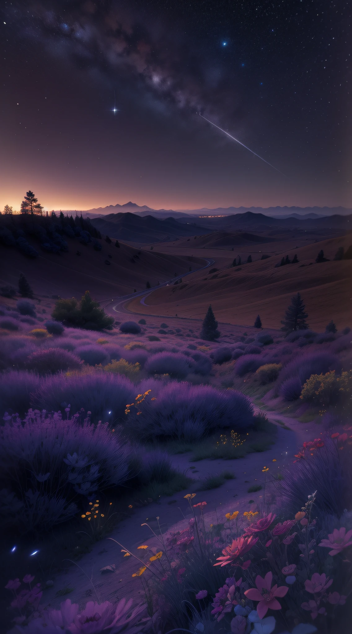 On a peaceful night，A wide photo of the view，Sky scale 4:3，Empty steppe below，（moon full：1.2），（meteors：0.9），（Starcloud：1.3），Forest in the distance，Fantastic fireflies，Lots of purple gradients，Complicated details，Best Picture Quality，Ultra-wide angle of view，Rich in detail and color，dream magical