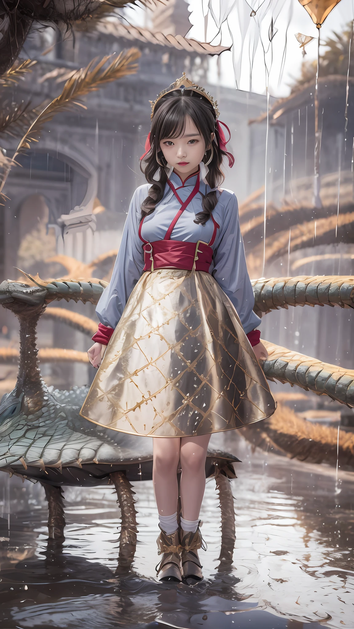 wet lands,(tmasterpiece,k hd,hyper HD,16k)brunette color hair,15 year old girl,Multi-layer gauze skirt,Hollow gold thread crown jade setting,Rouge lips,Cherry mouth,Focus on the neckline,Soft hair like slippery silk,Sparkling,Almost reluctant to look away,She wears a suspender cheongsam!Imagine that,She just wore a cheongsam to the bustling big castle,One can't help but want to take a closer look,Take a closer look, desi,Her belly pocket is quite stylish,The skirt flutters in the wind,It's like adding a touch of energy to the whole street,Crocodile skin train,A sneak peek angle,(From the angle below),Sit in the seat of the monitor lizard,sitting in front,Zoom camera,head portrait,Head down and sleepy-eyed,Look at the ground, best qualtiy, hyper HD, (realisticlying:1.4),, A high resolution, the detail, RAW photogr, Sharp Re, Nikon D850 Film Stock Photo by Jefferies Lee 4 Kodak Portra 400 Camera F1.6 shots, Rich colors, ultra-realistic vivid textures, Dramatic lighting, Unreal Engine Art Station Trend, cinestir 800,