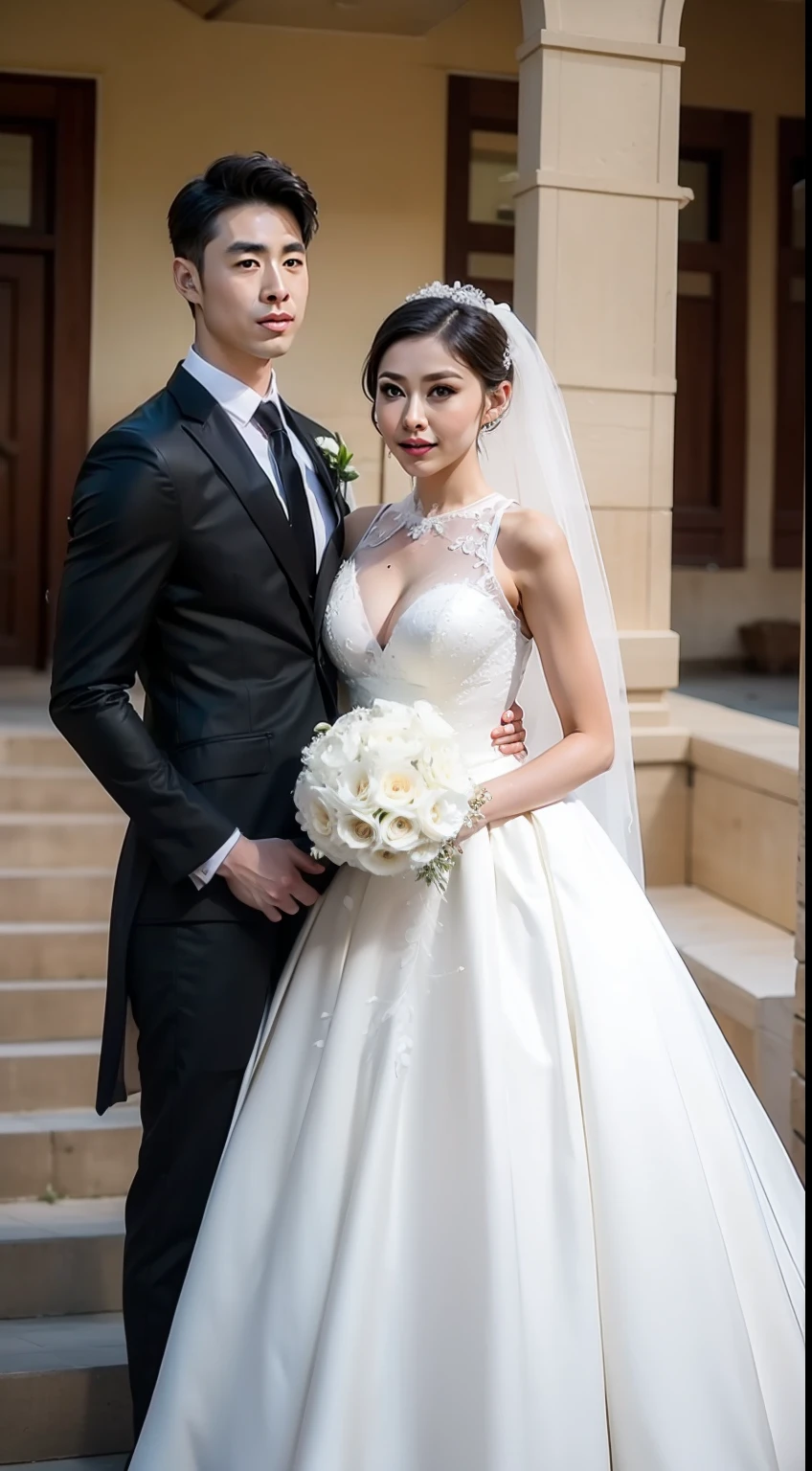 Fashion model 20 years old [[[[closeup cleavage]]]], [[[[boobgasm]]]], [[[[coll]]]], [[[[bshoulders]]]], perfect  eyes, Perfect iris，perfect lips，perfect teeth，Perfect skin，Soft front light，HDR，A couple，wedding gown，Masculine man in suit，Gentle lady wearing wedding dress，The girl has a slender face；（pastel colour：1.2）