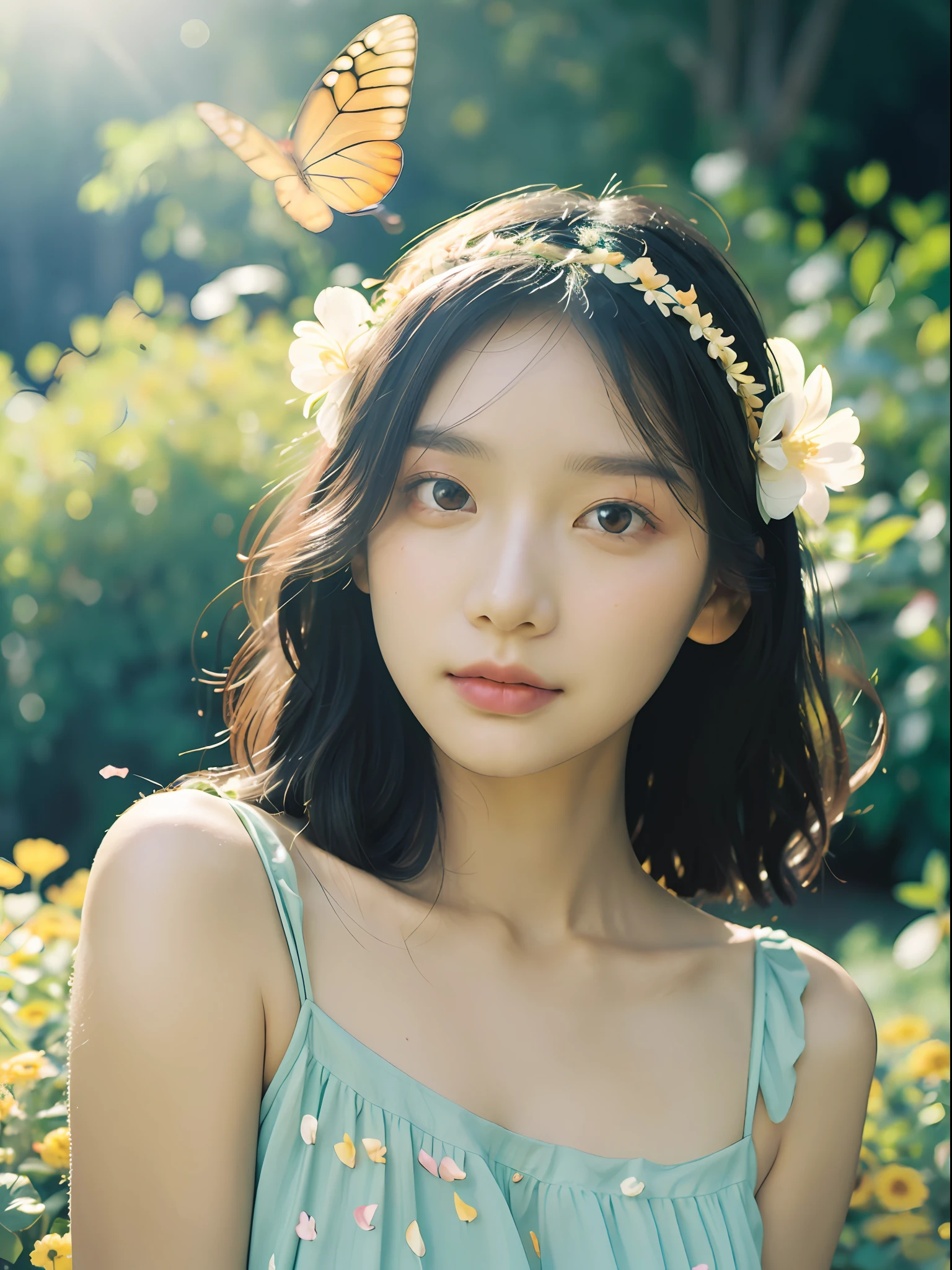 1girl, flowing sundress, floral headpiece, delicate makeup, (luminous eyes, smooth skin texture, gentle facial expression), golden hour lighting, serene garden setting, butterflies or flower petals, depth of field, warm color palette, whimsical atmosphere, high-resolution, soft focus.
portrait photography, 35mm film, natural blurry, filmg,