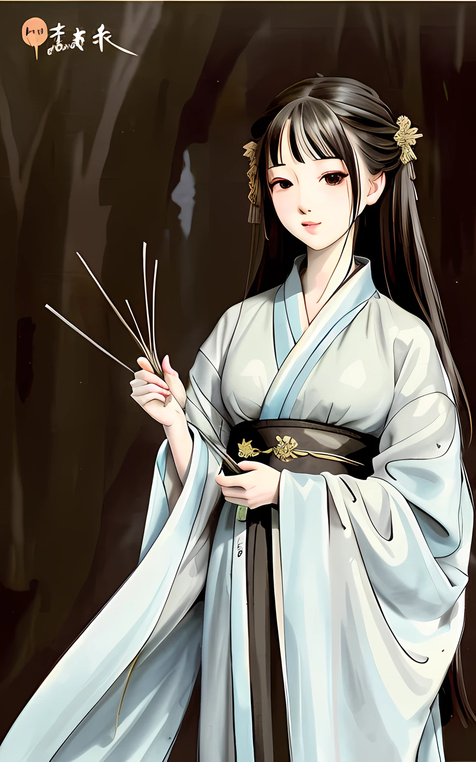 shukezouma, negative space, , shuimobysim , portrait of a woman standing , willow branches, (masterpiece, best quality:1.2), traditional chinese ink painting, modelshoot style, peaceful, (smile), looking at viewer, wearing long hanfu, hanfu, song, willow tree in background, wuchangshuo,