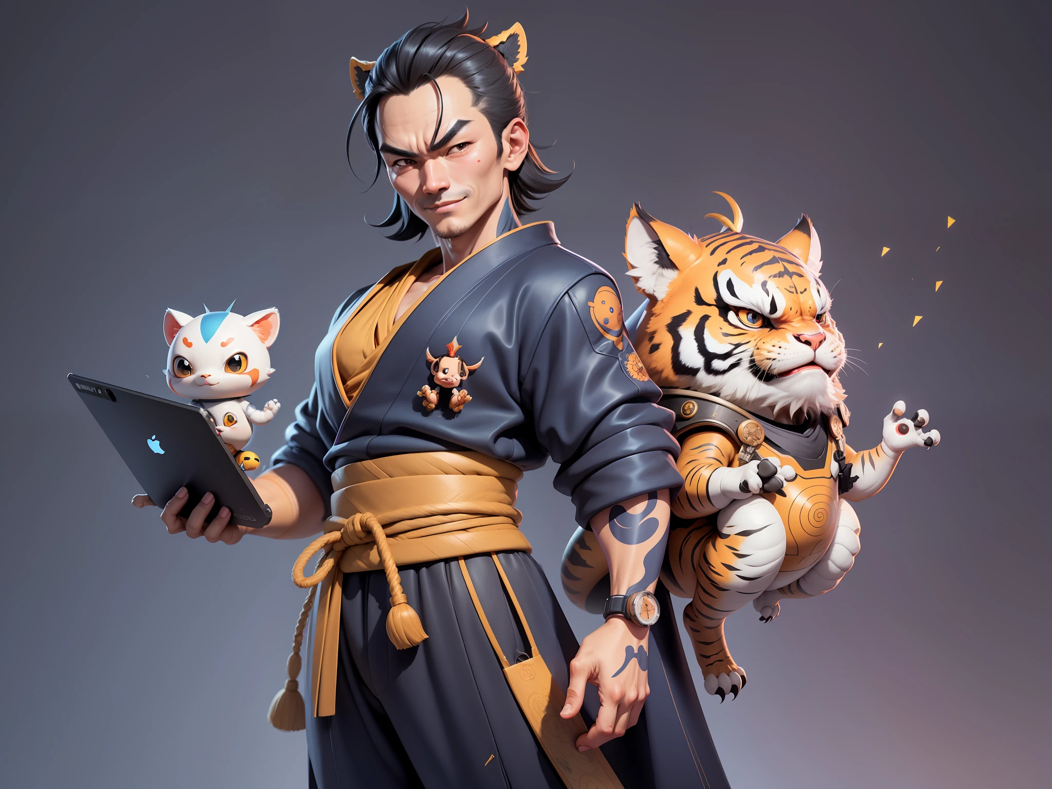 (Daisaku),(Need),(Super meticulous),(full bodyesbian:1.2),Japanese ukiyo-e girl,japanese geisha,Beautiful,Oriental dragon,one tiger,Aeolian Thor,Raised sexy,爆乳,Oriental face,TV Anchor,Bust portrait illustration,Alone,In black suit,a blue tie,The face is slightly chubby,The face was clean,without a beard,Black super short hair,Black eyes,Smile confidently,3C computer sub-products,iPad, iphone,Digital painting,3D character design by Mark Clairen and Pixar and Hayao Miyazaki and Akira Toriyama,The illustration is a high-definition illustration in 4K resolution,With very detailed facial features and cartoon-style visuals。