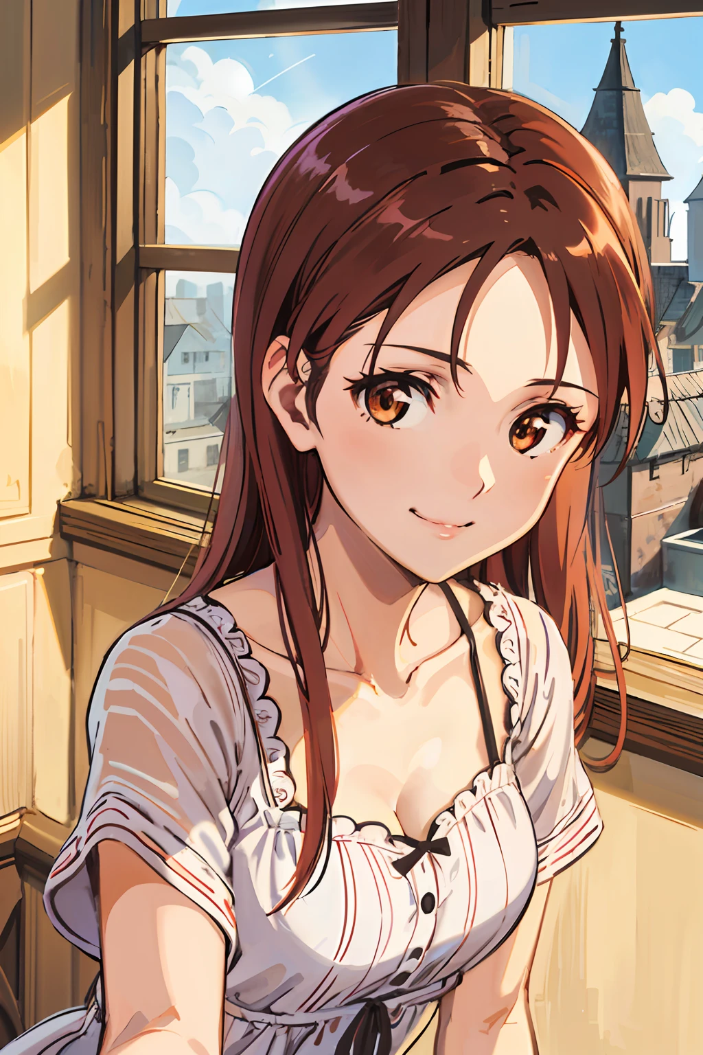 (highres, best quality:1.2), 1girl, radiance, soft contours, beautiful drawing, upper body, concept art, eyelashes, kyoani hyouka style, detailed background, bright colors,
minna-dietlinde wilcke, smile,
close-up, looking at viewer,
indoors, summer dress