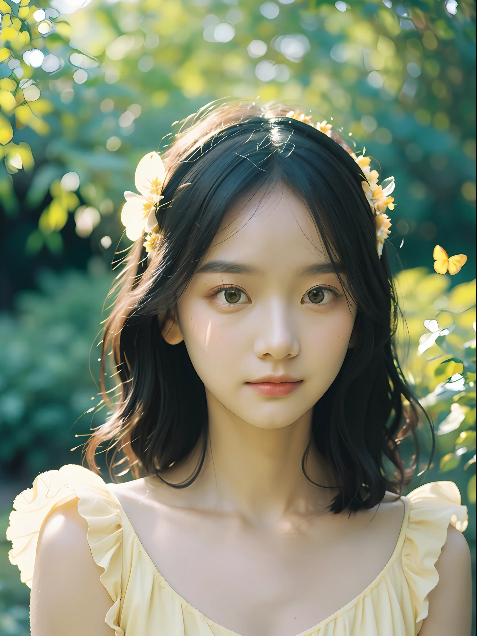 1girl, flowing sundress, floral headpiece, delicate makeup, (luminous eyes, smooth skin texture, gentle facial expression), golden hour lighting, serene garden setting, butterflies or flower petals, depth of field, warm color palette, whimsical atmosphere, high-resolution, soft focus.
portrait photography, 35mm film, natural blurry, filmg,