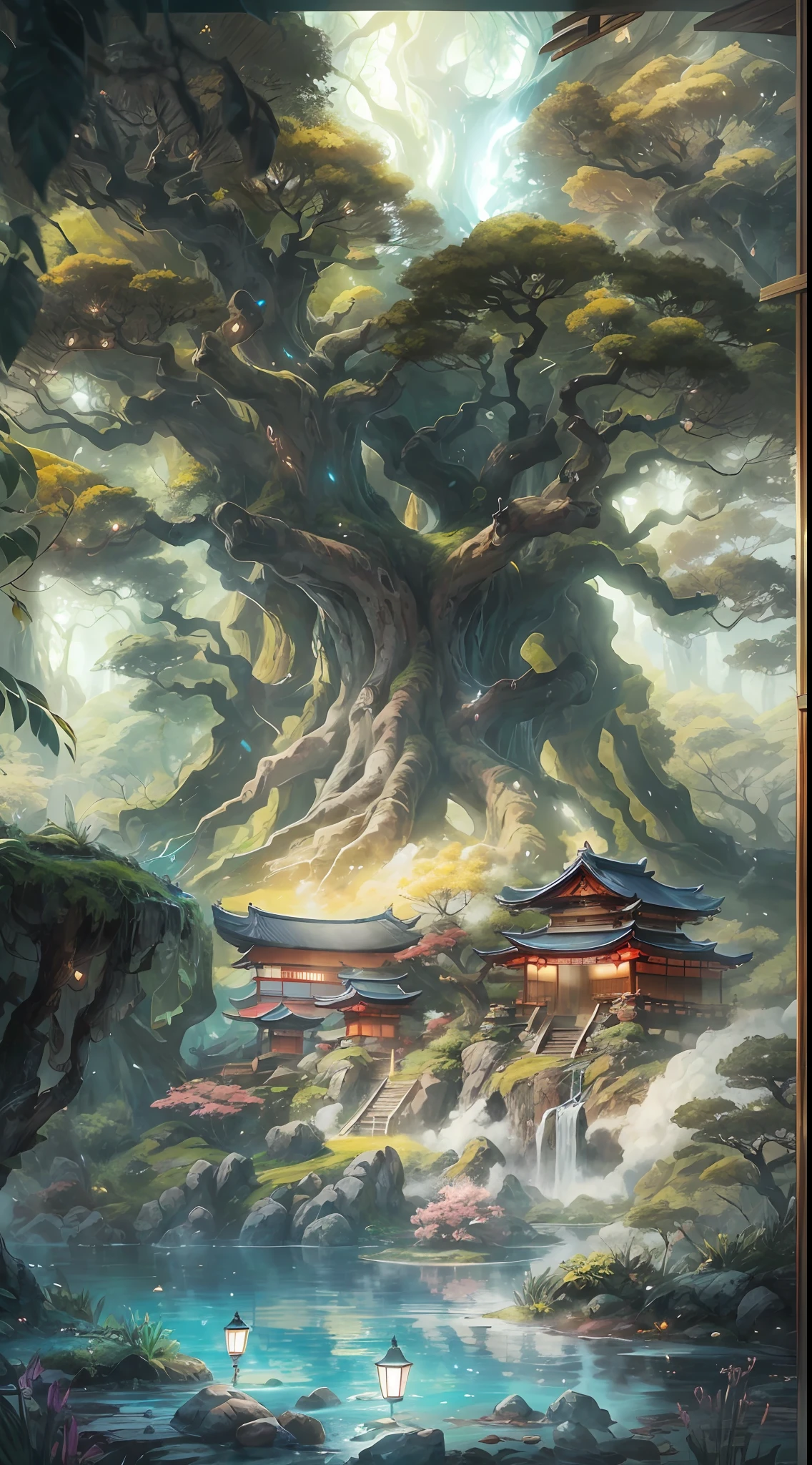 (tmasterpiece、best qualtiy)A huge ancient tree((Glowing spirit tree、with light glowing))、illumination、thatched hut、springtime、jungles、lakes、grassy fields、Rochas、hot onsen、hydrosphere、surrounded by cloud,(illustratio:1.0)、Epic composition、Realistic lighting、high definition detail、high definition resolution,(非常详细的 CG 统一 8k 壁纸)