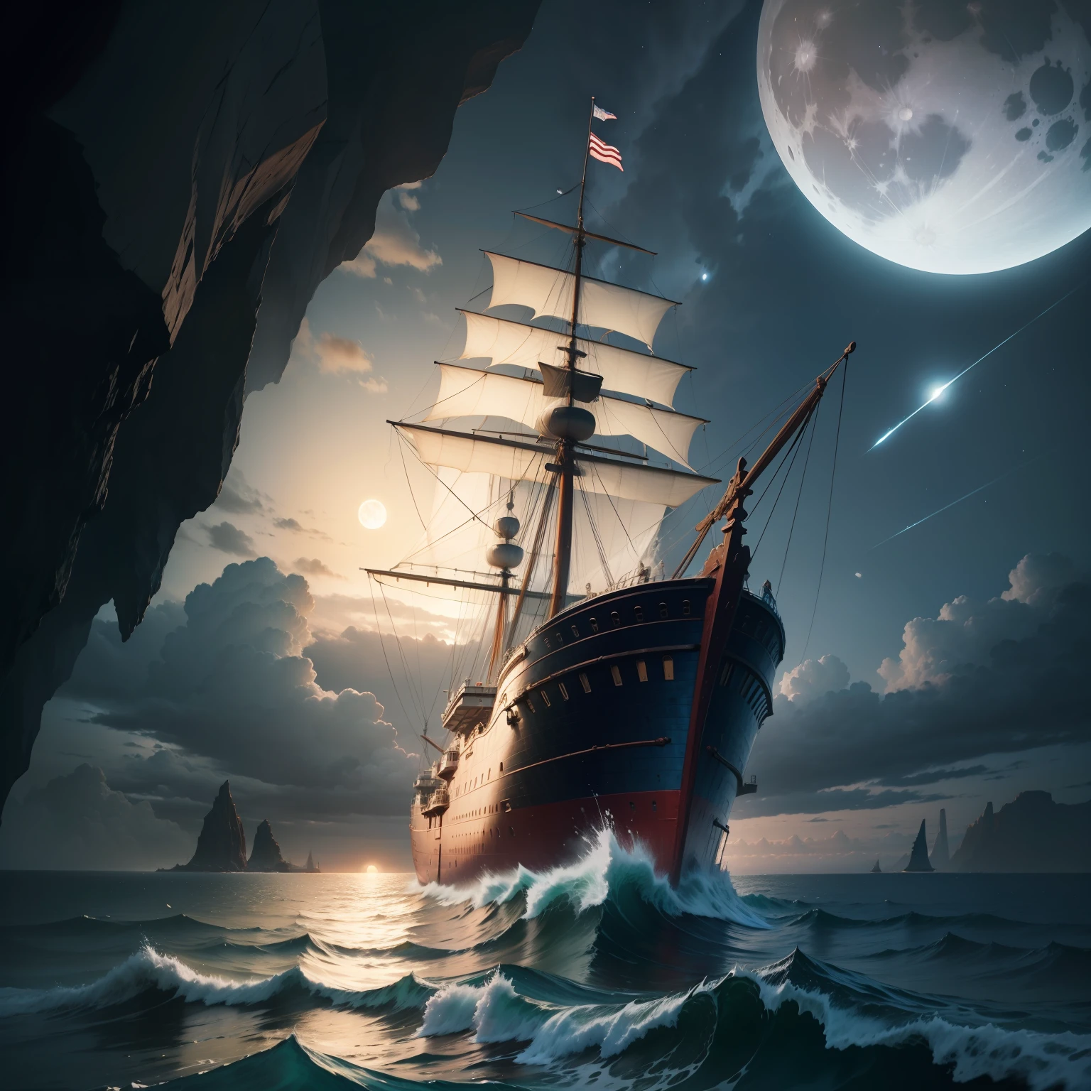 ship,moon,sea,cliffs