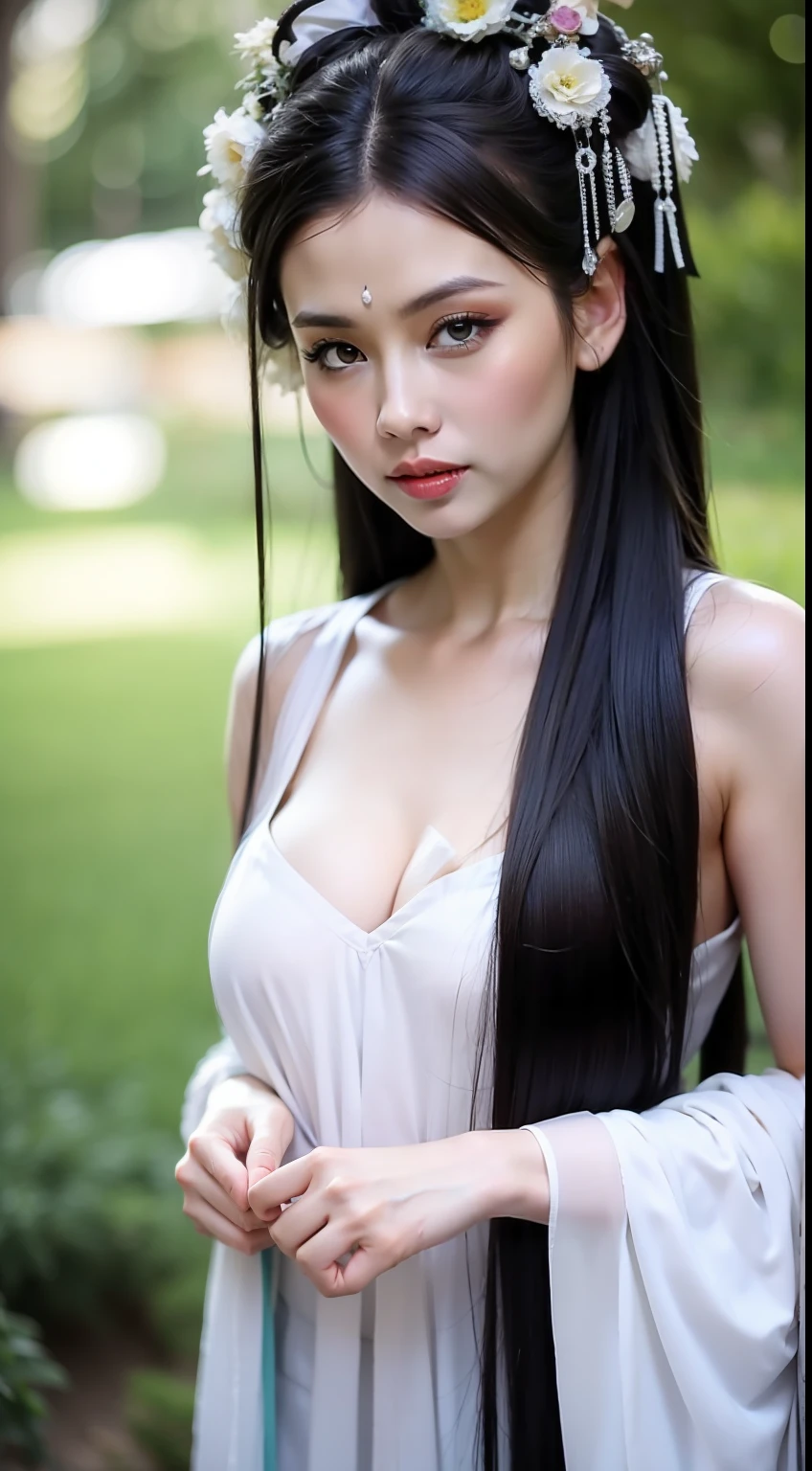 Fashion model 16 years old [[[[closeup cleavage]]]], [[[[boobgasm]]]], [[[[coll]]]], [[[[bshoulders]]]], perfect  eyes, Perfect iris，perfect lips，perfect teeth，Perfect skin，Long face，Soft front light，HDR，filmgirl,Black period costume，White period costume，Green leaves and flowers in the background，（pastel colour：1.2）