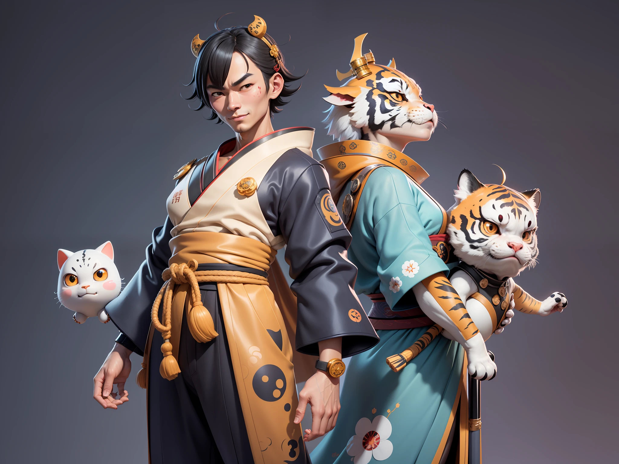 (Daisaku),(Need),(Super meticulous),(full bodyesbian:1.2),Japanese ukiyo-e girl,japanese geisha,Beautiful,Oriental dragon,one tiger,Aeolian Thor,Raised sexy,爆乳,Oriental face,TV Anchor,Bust portrait illustration,Alone,In black suit,a blue tie,The face is slightly chubby,The face was clean,without a beard,Black super short hair,Black eyes,Smile confidently,3C computer sub-products,iPad, iphone,Digital painting,3D character design by Mark Clairen and Pixar and Hayao Miyazaki and Akira Toriyama,The illustration is a high-definition illustration in 4K resolution,With very detailed facial features and cartoon-style visuals。
