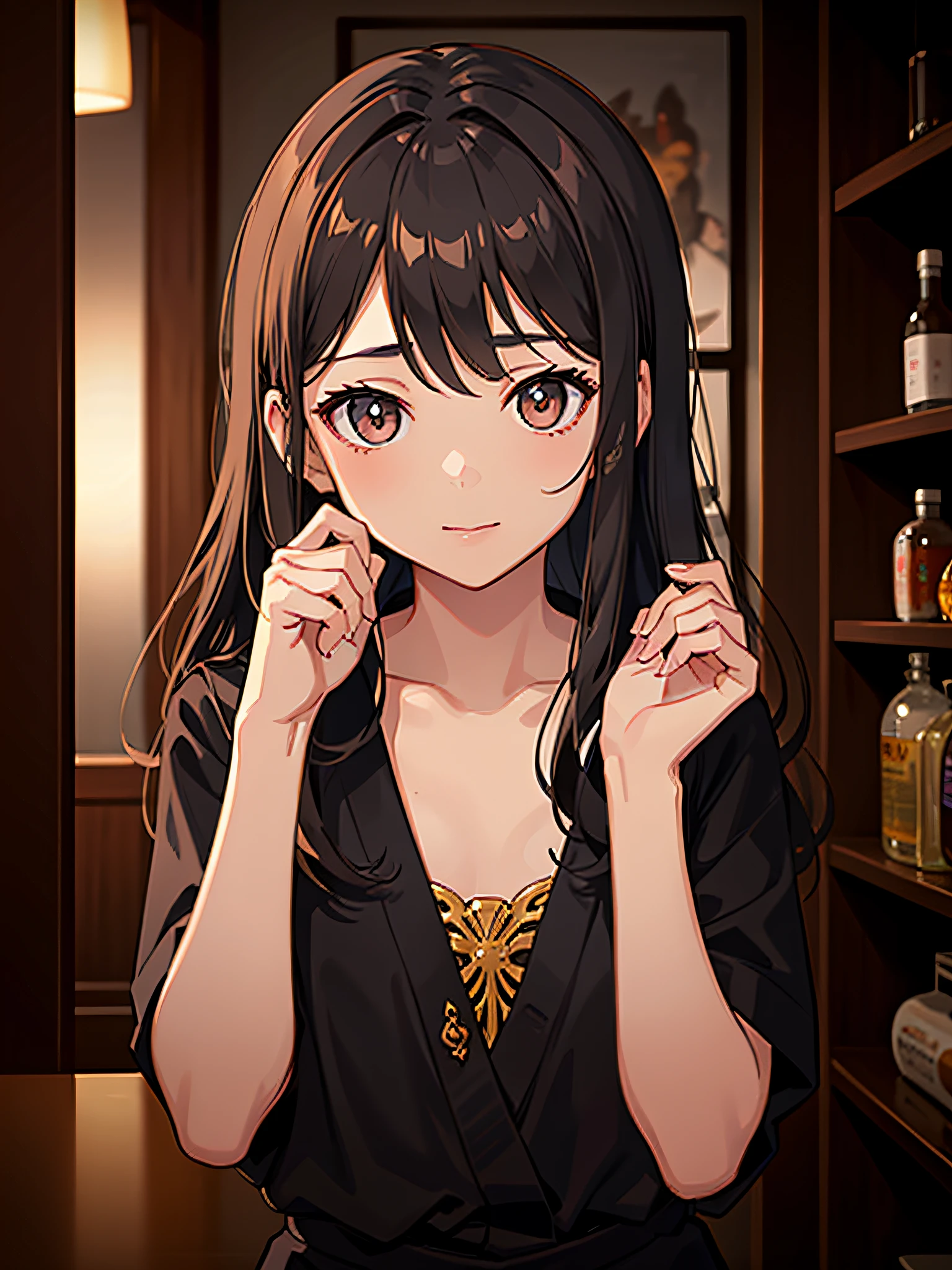 a thai girl posing for the camera in a dark restaurant, in the style of dark bronze and light beige, exaggerated facial features, gongbi, fairycore, soft yet vibrant, subtle elegance, salon kei --ar 2:3 --ar 3:4 --q 5  --niji 5