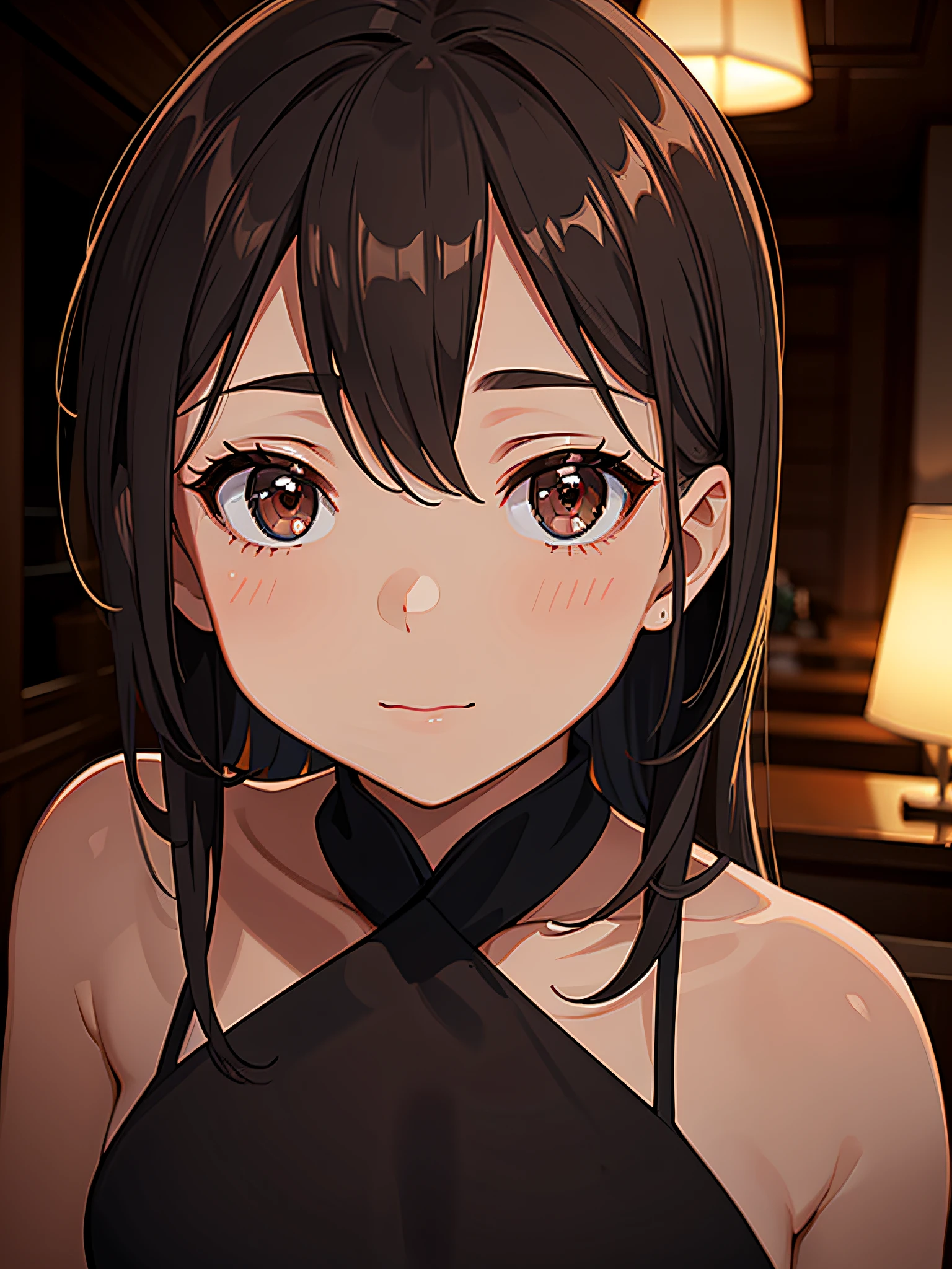 a thai girl posing for the camera in a dark restaurant, in the style of dark bronze and light beige, exaggerated facial features, gongbi, fairycore, soft yet vibrant, subtle elegance, salon kei --ar 2:3 --ar 3:4 --q 5  --niji 5