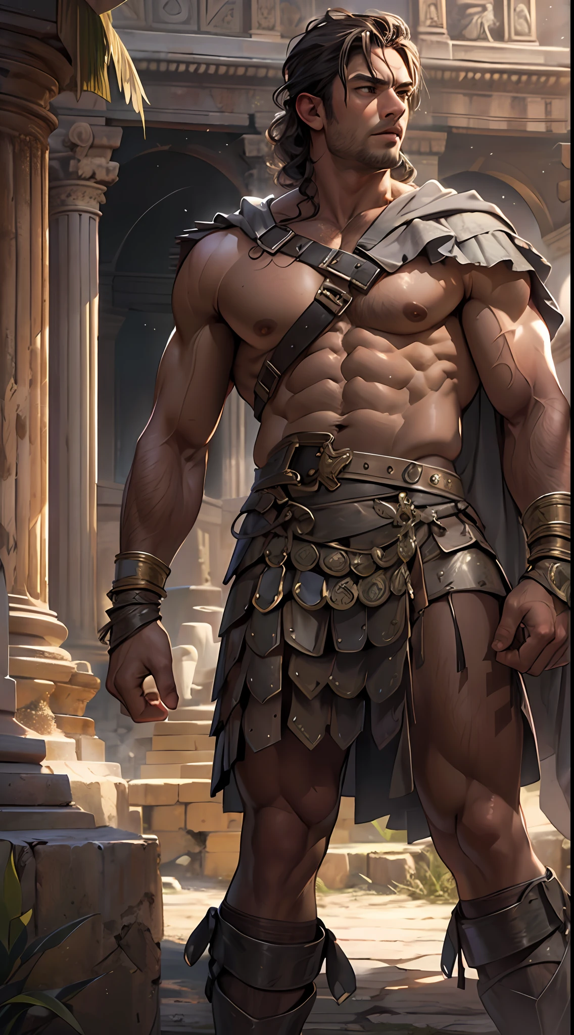 Herculean gladiator, bare chest, lower body revealed from thighs to feet, long curls cascading, meticulous muscle definition, photorealistic portrayal, 4K quality. Background: Colosseum in ancient Rome,32k uhd, best quality, masterpiece, super detail, high details