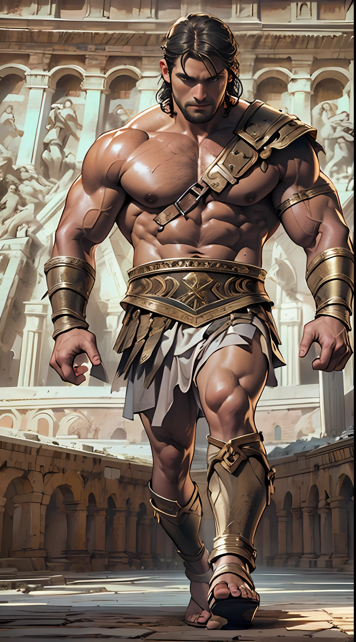 Herculean gladiator, bare chest, lower body revealed from thighs to feet, long curls cascading, meticulous muscle definition, photorealistic portrayal, 4K quality. Background: Colosseum in ancient Rome,32k uhd, best quality, masterpiece, super detail, high details