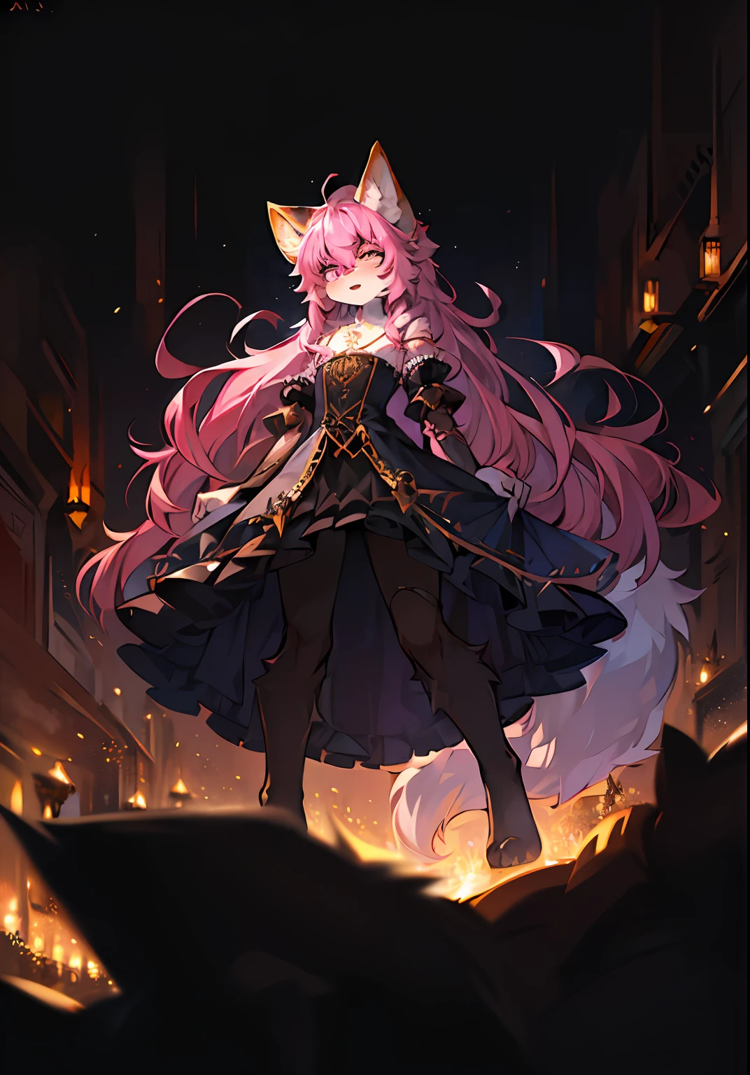 (ambiente dark:0.8),Masterpiece,High quality,abstract res,Digital painting\(artwork of a\),,(anthro,Fluffy fur,Character focus:1.1),anthro female cat,long whitr hair,absurderes, shaggy,Furry female,canid,Full Body Furry,Large fluffy tail,Flowing hair,anthr,(Full Body Furry, Fluffy tail), (long canines:1.2),(Half head gray hair, Half pink hair:1.3)(One eye is yellow,One is blue,long and flowing hair:1.4)(Witch dress)(Body detailed,flatchest)Lively and cute girl,8K,Cinematic lighting effects,Textured skin,best qualtiy,Storytelling images,Ambient lighting,dynamic blur,,tmasterpiece,A masterpice,