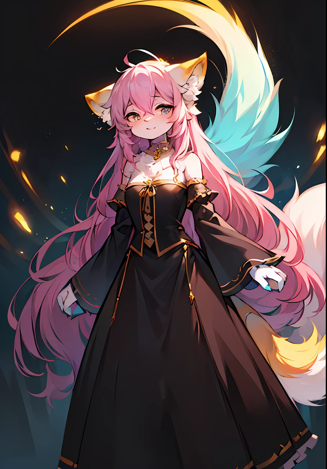 (ambiente dark:0.8),Masterpiece,High quality,abstract res,Digital painting\(artwork of a\),,(anthro,Fluffy fur,Character focus:1.1),anthro female cat,long whitr hair,absurderes, shaggy,Furry female,canid,Full Body Furry,Large fluffy tail,Flowing hair,anthr,(Full Body Furry, Fluffy tail), (long canines:1.2),(Half head gray hair, Half pink hair:1.3)(One eye is yellow,One is blue,long and flowing hair:1.4)(Witch dress)(Body detailed,flatchest)Lively and cute girl,8K,Cinematic lighting effects,Textured skin,best qualtiy,Storytelling images,Ambient lighting,dynamic blur,,tmasterpiece,A masterpice,