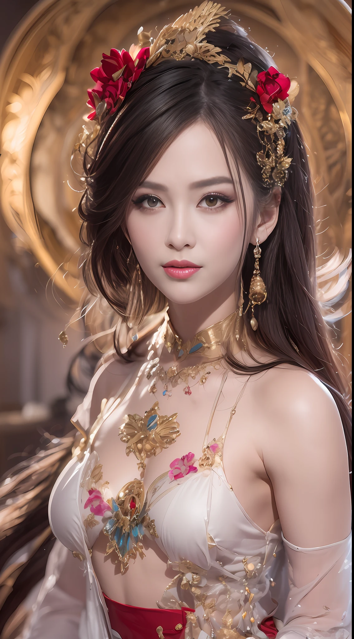 1 beautiful 27-year-old holy woman, naked on the chest, nude, beautiful face without blemishes, ((Natural smile:1.0)), ((flat bangs:1.2)), (((long hair): platinum:0.8))), big crown, hair brooch, hanfu skirt, fanciful hanfu style, full body jewelry, forehead tattoo, super even breasts, woman's face, face with fine makeup , pretty face, ((even porcelain teeth: 0.8), most beautiful and detailed light red lipstick, huge breasts, super round and balanced, ((Lips plump and thin: 0.3) )), ((Yellow eye color: 1,2), Detailed and delicate lighting effects, light and dark, light impression, magical light, detailed light, true color, super sharp , realistic, 8k quality, fantasy universe background, saintess and fanciful space, the most detailed image, ((Solo:0.3)), ((a saintess:0.6)) , ((look at). straight to the saint's upper body:0.4)), upper body, ((smooth skin:0.5)), ((herself's veil:1.2)), ((solo:1.3)), ((( girl alone :1.3)), saint portrait, short photo, Body portrait, (((open mouth:0.6))), Digital Realistic, ((fanciful red smoke effect:1.2)),