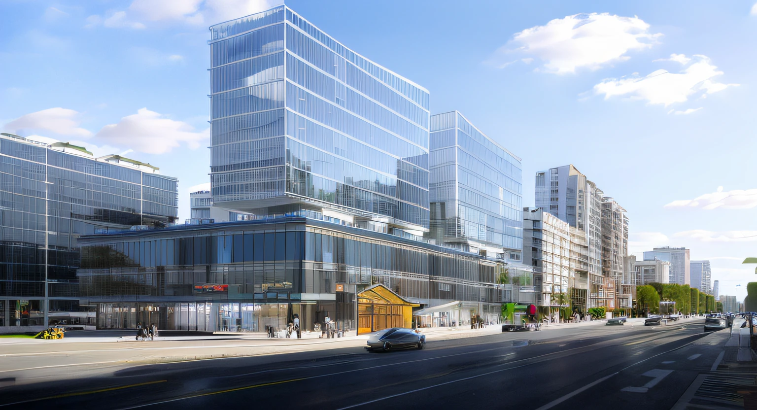Buildings，Superior apartment，The city is busy，Dense traffic，with blue sky and white clouds，Street trees，Commercial along the street，hyper HD，high qulity，A high resolution，Urban crowds，the street，Clean glass，Conventional façade