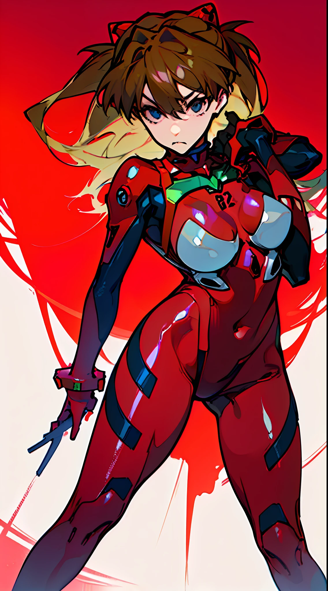 (High resolution), (in 8K), (Extreme Detail), (Best Illustration), (beautiful detail), (Best Quality), (masuter piece), ( Detailed face) Soryu Asuka Langley、Combat stance、Vicious look、full body Esbian、Realistic fantasy rendering, Realistic anime girl rendering, Full body portrait, (Big Breast: 1.4) popular in CGSTATION, 4K,highlight in eyes