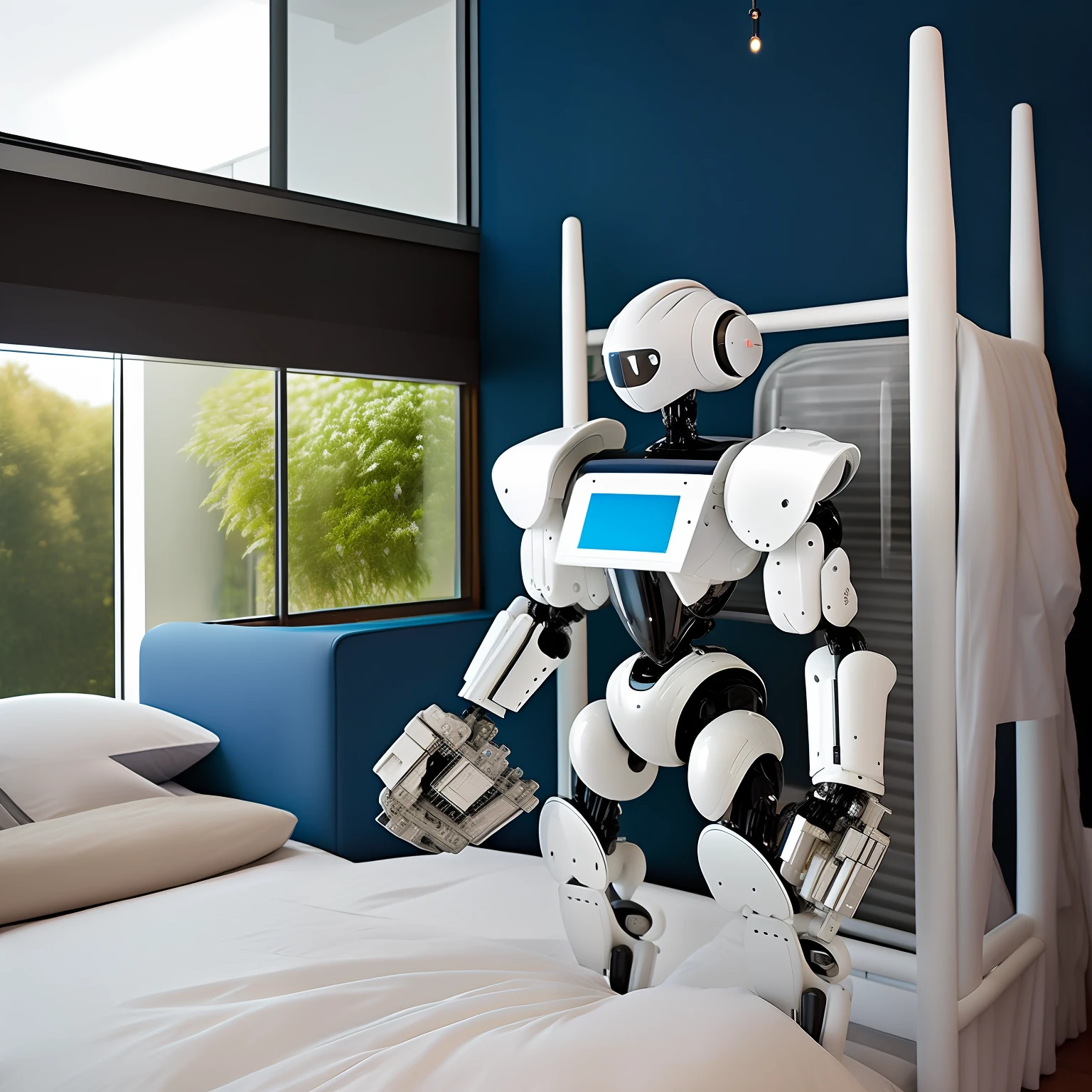 +DV Mech，robot，A single high-position robot, （Background with：Comfortable bedroom with large bed），full bodyesbian，85mm，F1.8、（droid：white colors、succinct，Stand next to the big bed）、Solo