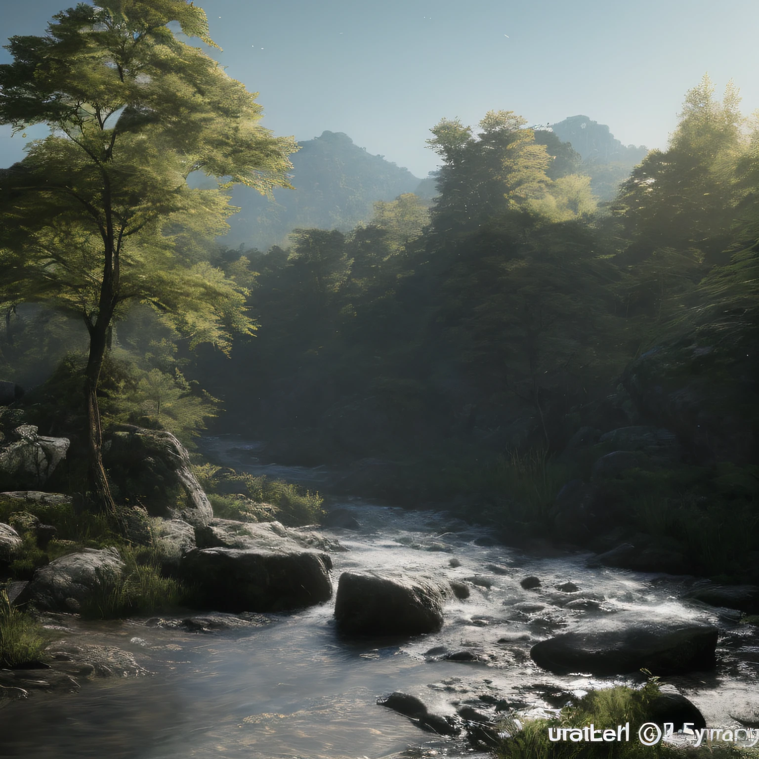 There is a river running through the forest，There are rocks and trees, photorealistic landscapes, hyper-realistic environment, Unreal Engine 5 environment, unreal engine 5 digital art, 8 k realistic digital art, 8 k landscape render, cryengine render 8 k, rendered in cryengine, beautiful landscape rendering, 8 k resolution digital painting, 8k resolution digital painting