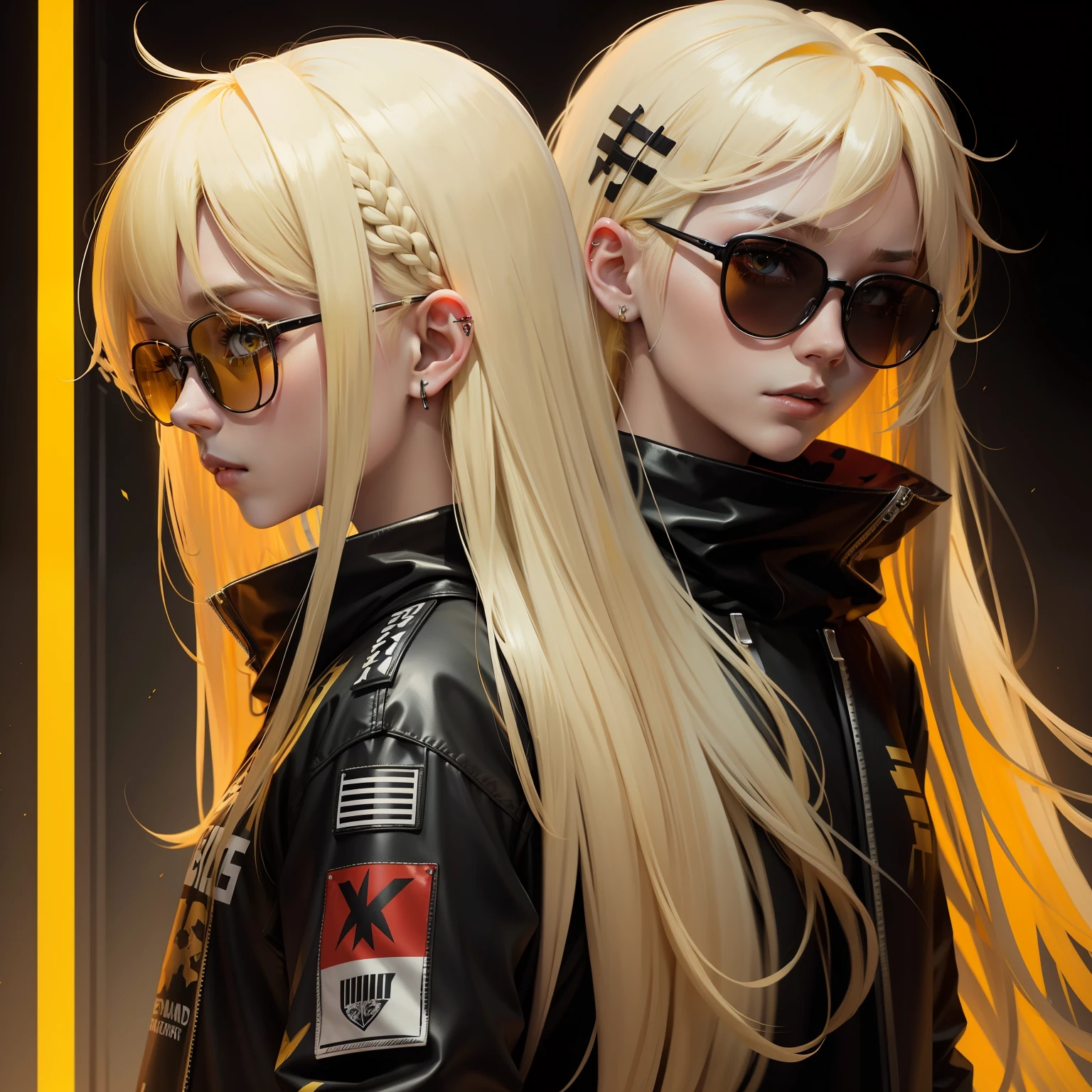 blond hairbl，long whitr hair，punk，1girl，Yellow, black and white color scheme，red-tinted glasses，bloods