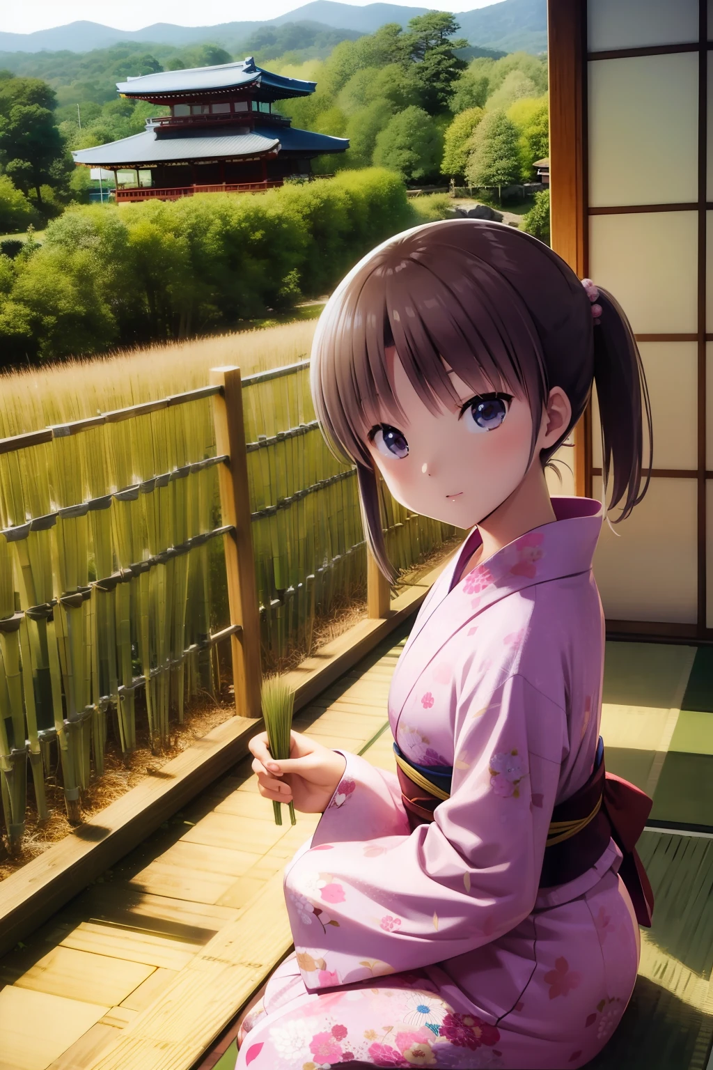 Japan Anime、Tanabata、Yukata girls、20yr old、Muska、bamboo grass、veranda