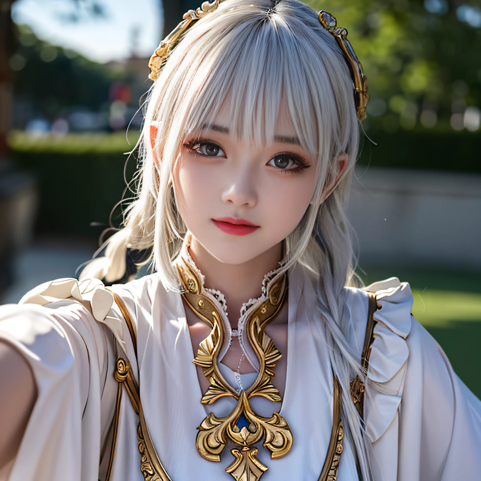 best quality, masterpiece,white hair, gold eyes,white clothes, looking up, upper body,hair strand,Fair skin,side braids