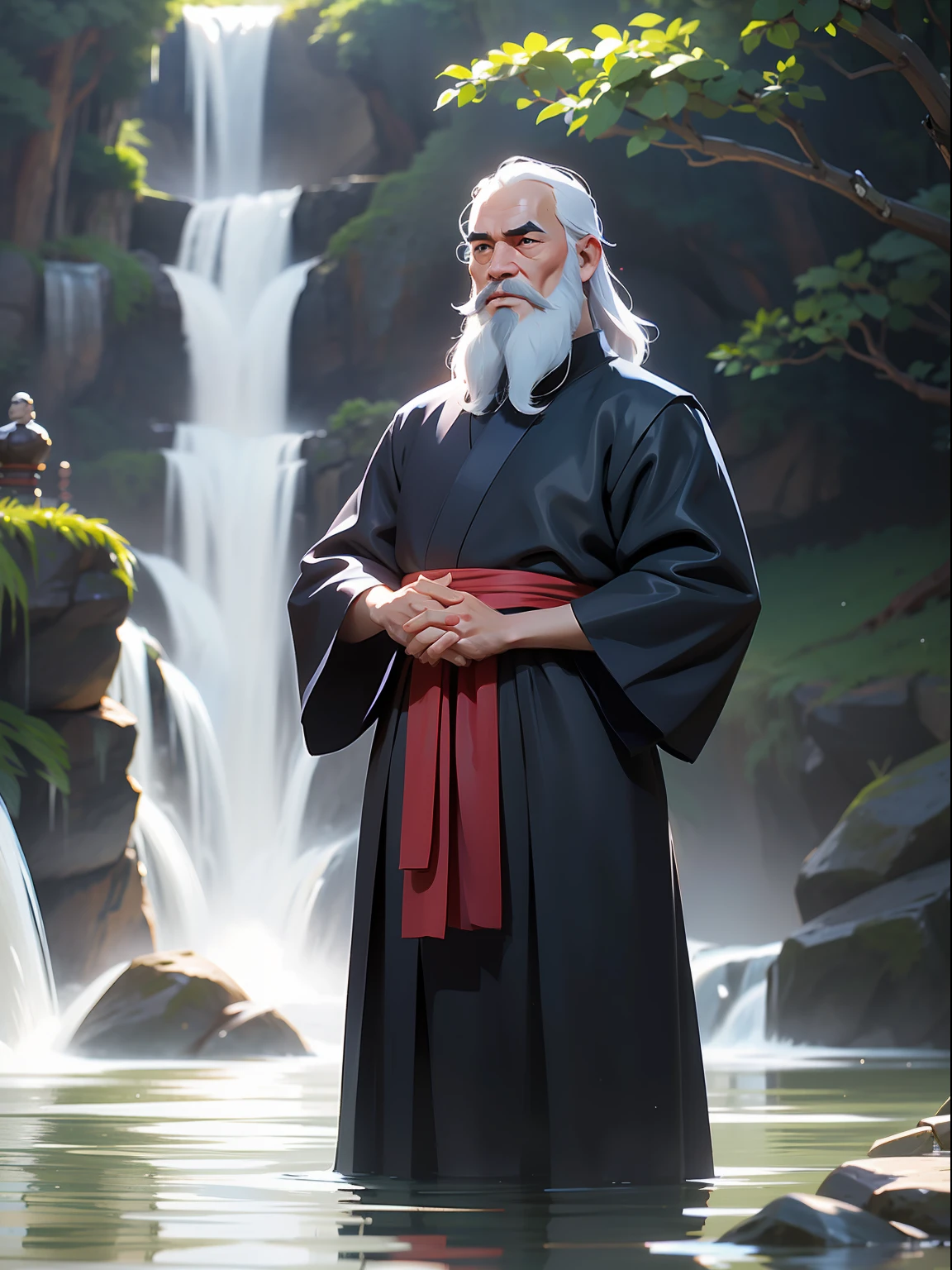 A Taoist priest, Wearing black Hanfu, 65 yeas old, gray hair and beard, standing in water, had his hands folded, Next to it is a barrier formed by water, The background is a waterfall, Ultra-wide angle, Masterpiece, Anatomically correct, Super detail