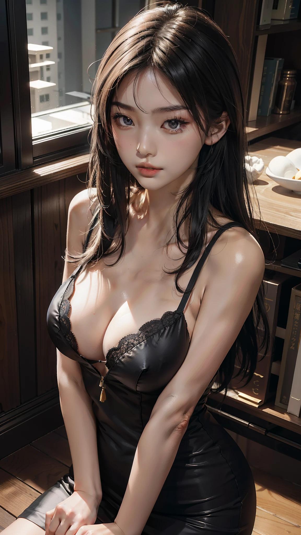 best qualtiy,tmasterpiece,超高分辨率,(fidelity:1.4),RAW photogr,1girl,above waist,sitted,deep shading,dark themes,(big breasts exposed cleavage)