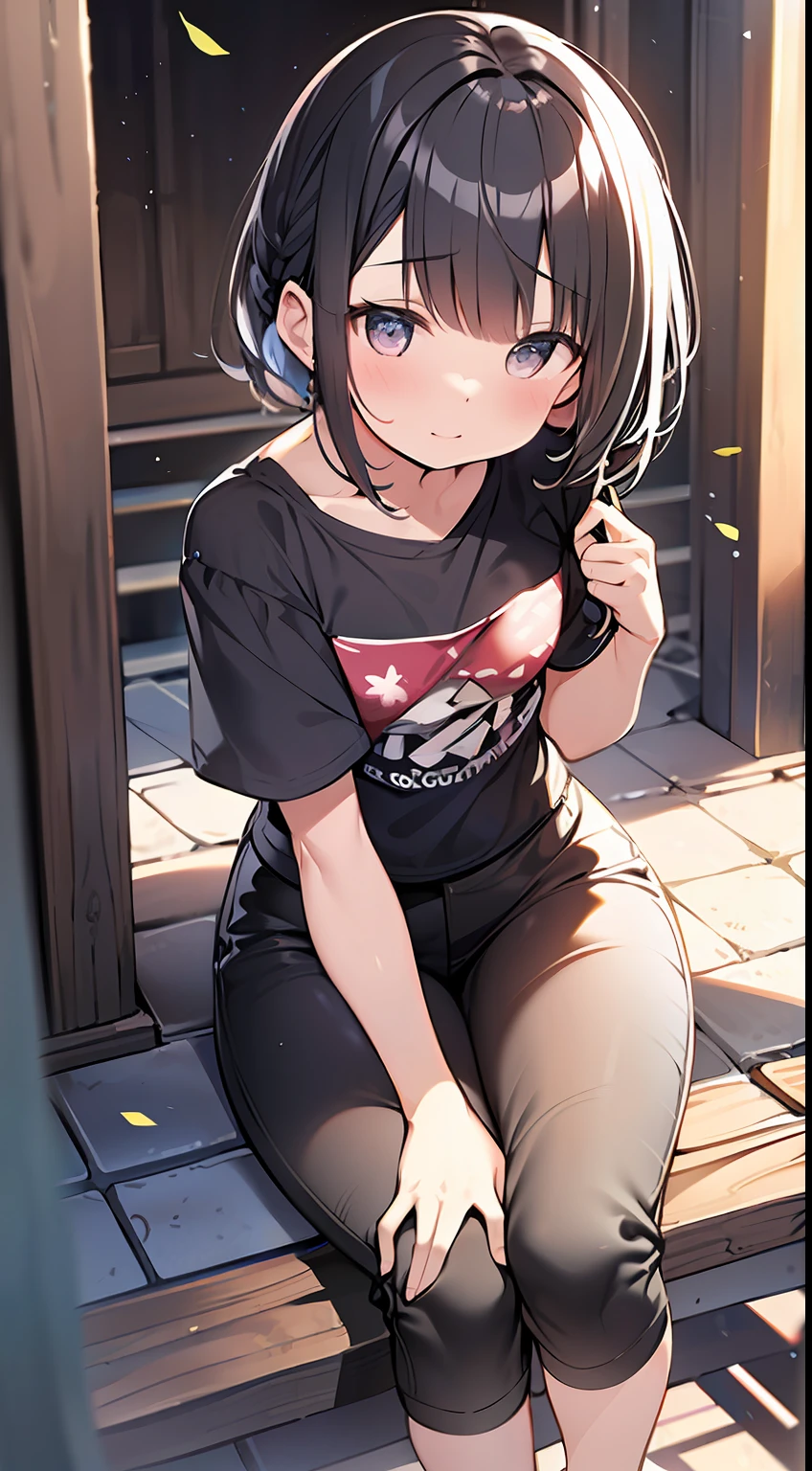 (top-quality、32K image quality、masterpiece、nffsw:1.2)、a cute 、Medium short hair、short braiding、beauitful face、(Slouched:1.3)、at the sunset、crouching down、(From above:1.3)、(a closeup:1.4)、small curvy loliou can see the chest))、Bust Up Perspective、Loose baggy T-shirt、(beautiful nipple slips:0.9)、outside of house、the wind、shinny skin、blurry backround