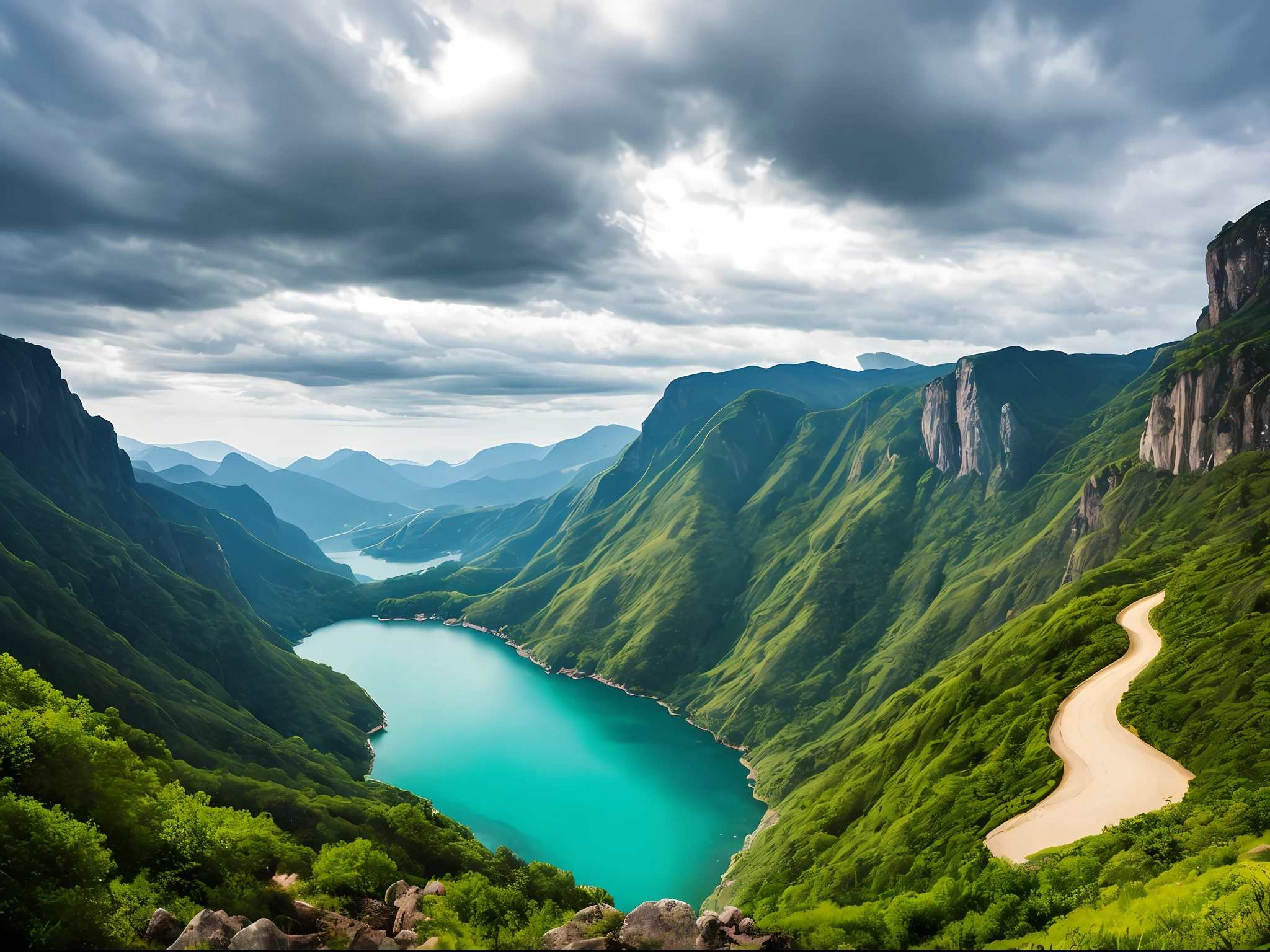 Masterpiece, ultimate quality, Cg unity 8k wallpaper, super delicate, beautiful sky and clouds, rich natural scenery, cliffs, lakes and rivers, waterfalls and flying water, beautiful green mountains, no trace of people, excellent scenery, has already won a photo contest, background Blurring, full depth of field, HDR high dynamics, true restoration, intricate, extreme details, dramatic presentation, perfectly presenting the style of midjourney art.