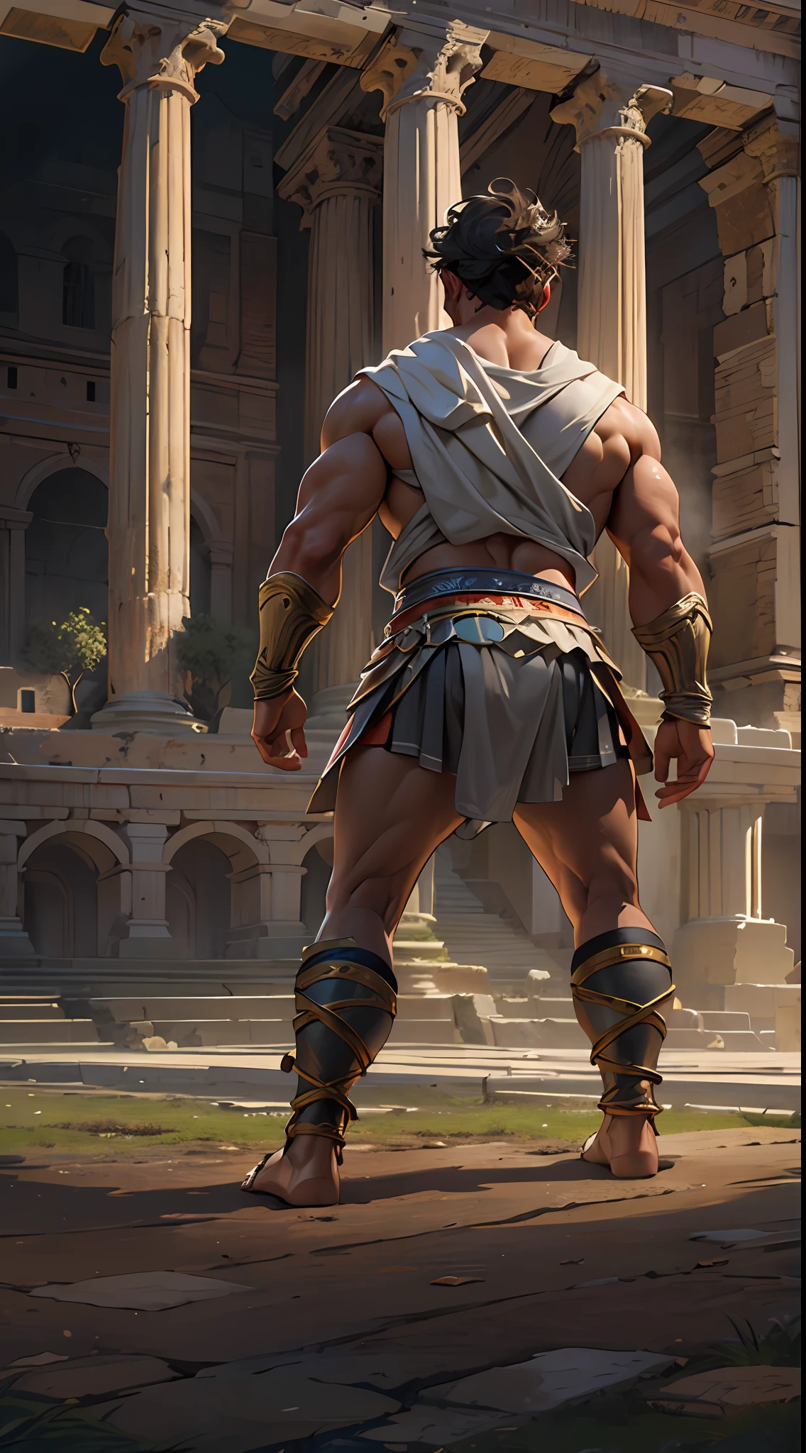 Herculean gladiator, bare chest, lower body revealed from thighs to feet, long curls cascading, meticulous muscle definition, photorealistic portrayal, 4K quality. Background: Colosseum in ancient Rome,32k uhd, best quality, masterpiece, super detail, high details