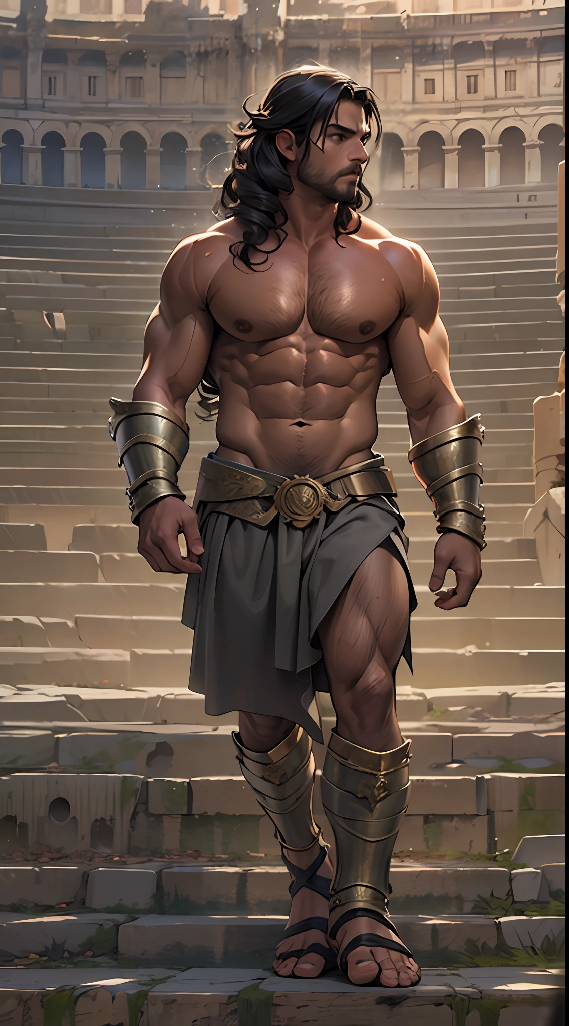 Herculean gladiator, bare chest, lower body revealed from thighs to feet, long curls cascading, meticulous muscle definition, photorealistic portrayal, 4K quality. Background: Colosseum in ancient Rome,32k uhd, best quality, masterpiece, super detail, high details