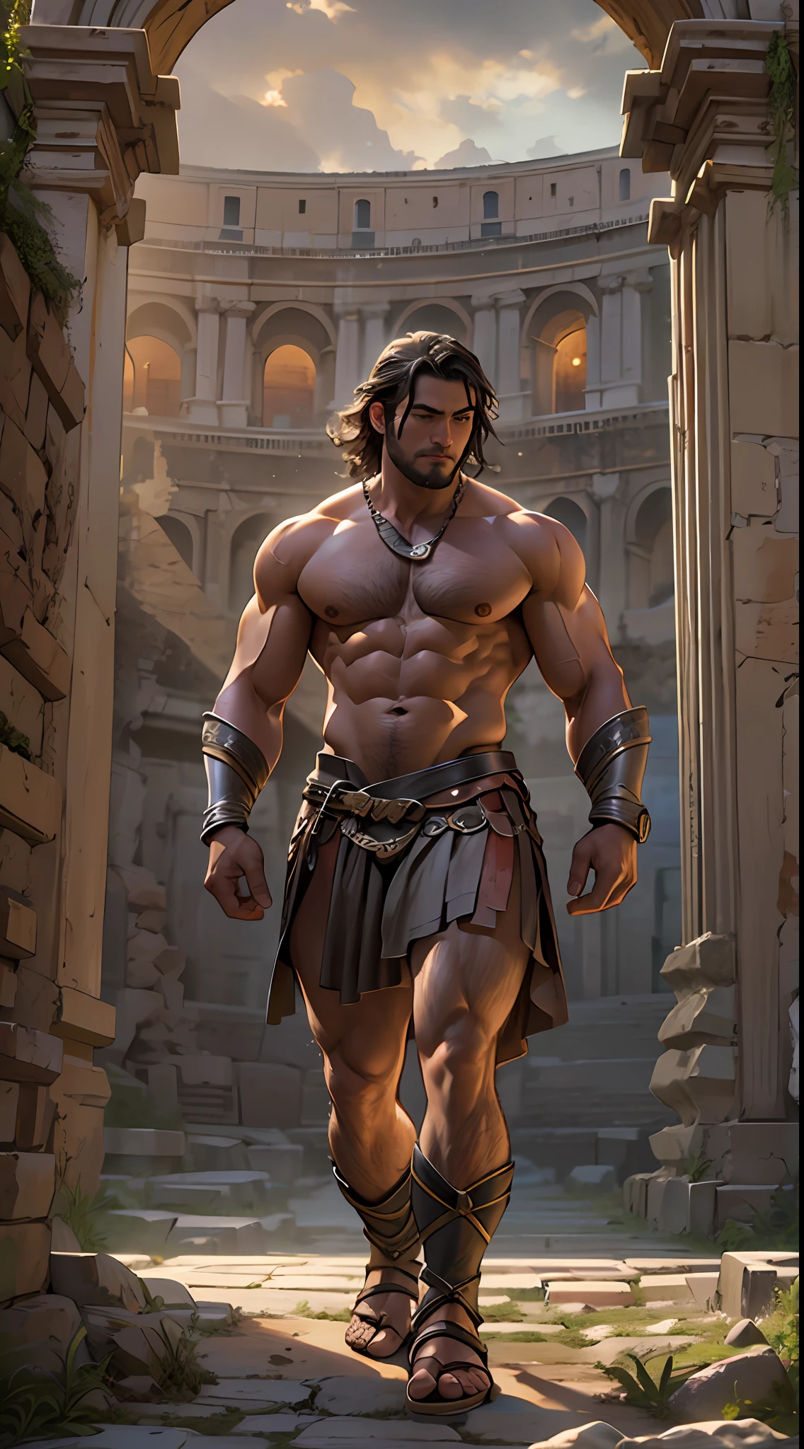 Herculean gladiator, bare chest, lower body revealed from thighs to feet, long curls cascading, meticulous muscle definition, photorealistic portrayal, 4K quality. Background: Colosseum in ancient Rome,32k uhd, best quality, masterpiece, super detail, high details