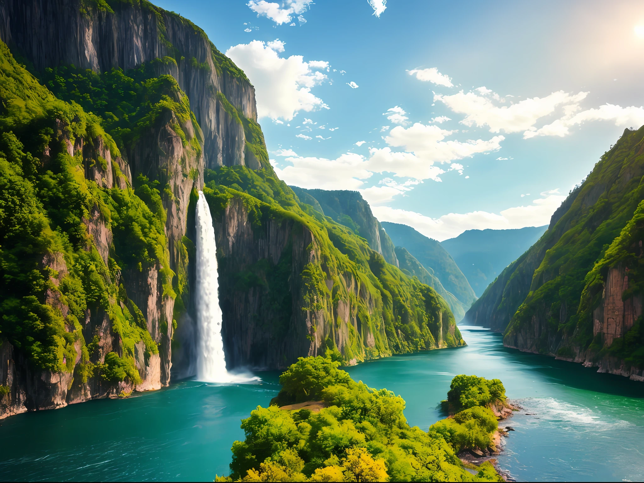 Masterpiece, ultimate quality, Cg unity 8k wallpaper, super delicate, beautiful sky and clouds, rich natural scenery, cliffs, lakes and rivers, waterfalls and flying water, beautiful green mountains, no trace of people, excellent scenery, has already won a photo contest, background Blurring, full depth of field, HDR high dynamics, true restoration, intricate, extreme details, dramatic presentation, perfectly presenting the style of midjourney art.