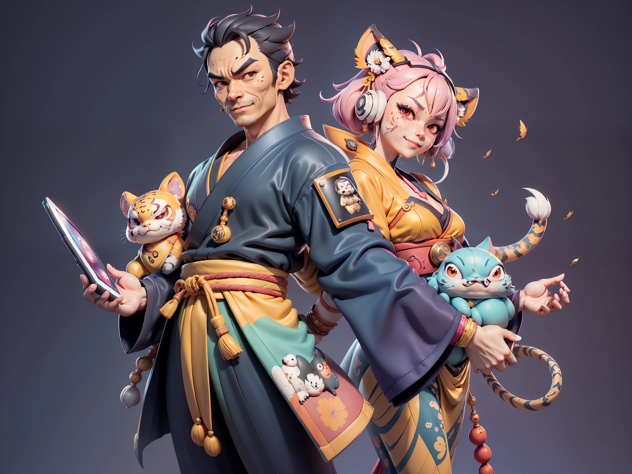 (Daisaku),(Need),(Super meticulous),(full bodyesbian:1.2),Japanese ukiyo-e girl，japanese geisha，Beautiful，Oriental dragon，one tiger，Aeolian Thor，Raised sexy，爆乳，Oriental face，TV Anchor，Bust portrait illustration，Alone，In black suit，a blue tie，The face is slightly chubby，The face was clean，without a beard，Black super short hair，Black eyes，Smile confidently，3C computer sub-products，iPad， iphone，Digital painting，3D character design by Mark Clairen and Pixar and Hayao Miyazaki and Akira Toriyama，The illustration is a high-definition illustration in 4K resolution，With very detailed facial features and cartoon-style visuals。