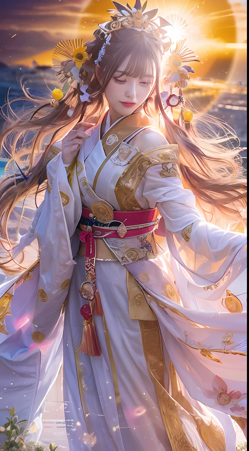 ​masterpiece、top-quality、Unity 8k Wallpapers、ultra-detailliert、Photograph Taken on Nikon D750,Beautifully Aesthetic、Beautiful fece、Realistic Woman、 Amaterasu Priestess、Solar disk、Solar Flare Spell、Blessing of the Sun Goddess