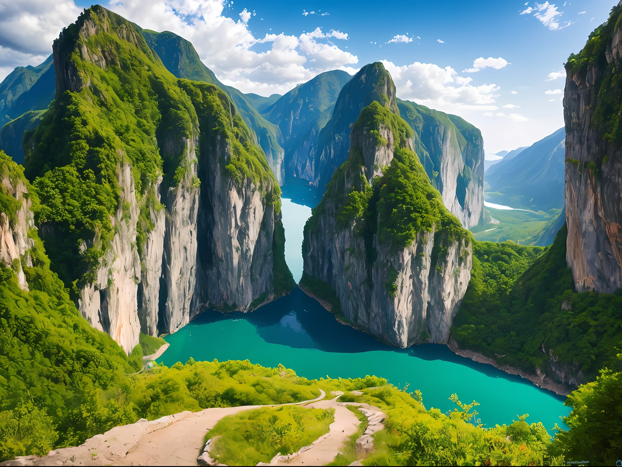 Masterpiece, ultimate quality, Cg unity 8k wallpaper, super delicate, beautiful sky and clouds, rich natural scenery, cliffs, lakes and rivers, waterfalls and flying water, beautiful green mountains, no trace of people, excellent scenery, has already won a photo contest, background Blurring, full depth of field, HDR high dynamics, true restoration, intricate, extreme details, dramatic presentation, perfectly presenting the style of midjourney art.