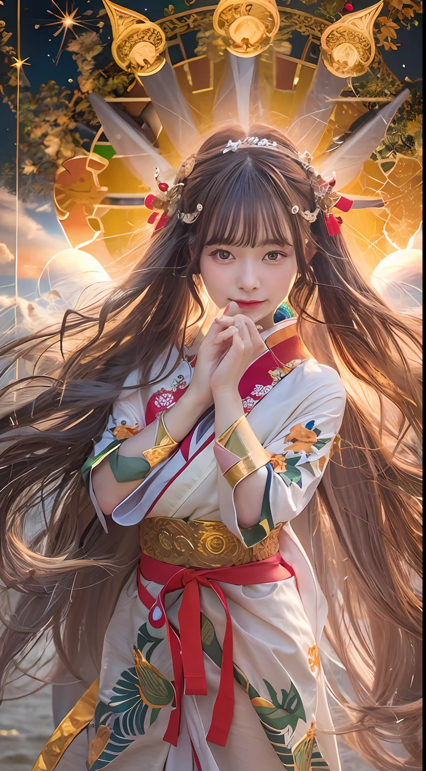 ​masterpiece、top-quality、Unity 8k Wallpapers、ultra-detailliert、Photograph Taken on Nikon D750,Beautifully Aesthetic、Beautiful fece、Realistic Woman、 Amaterasu Priestess、Solar disk、Solar Flare Spell、Blessing of the Sun Goddess