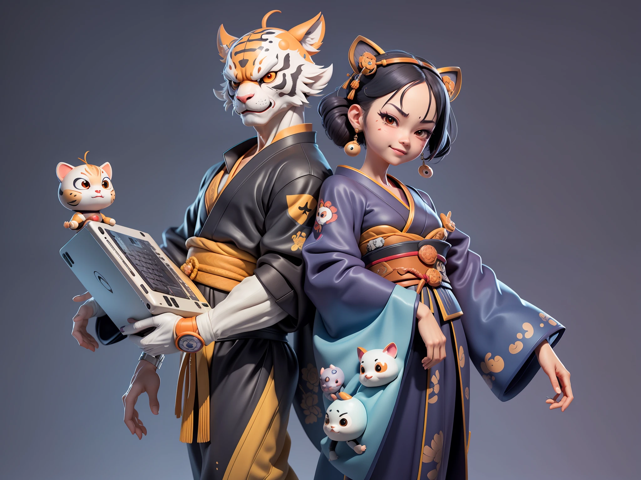 (Daisaku),(Need),(Super meticulous),(full bodyesbian:1.2),Japanese ukiyo-e girl，japanese geisha，Beautiful，Oriental dragon，one tiger，Aeolian Thor，Raised sexy，爆乳，Oriental face，TV Anchor，Bust portrait illustration，Alone，In black suit，a blue tie，The face is slightly chubby，The face was clean，without a beard，Black super short hair，Black eyes，Smile confidently，3C computer sub-products，iPad， iphone，Digital painting，3D character design by Mark Clairen and Pixar and Hayao Miyazaki and Akira Toriyama，The illustration is a high-definition illustration in 4K resolution，With very detailed facial features and cartoon-style visuals。