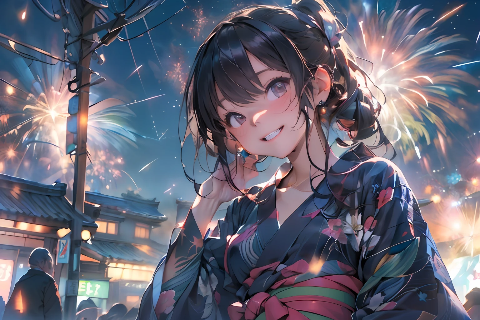 Beautiful Japan girl yukata、(Fireworks in the vast night sky),(top-quality、8K、32K、masterpiece、nffsw:1.3)、(Photorealsitic:1.4)、Raw photography、lite smile、hair adornments,Active Pose、skyrocket、Fireworks glare、depth of fields、lensflare、accurate hands,